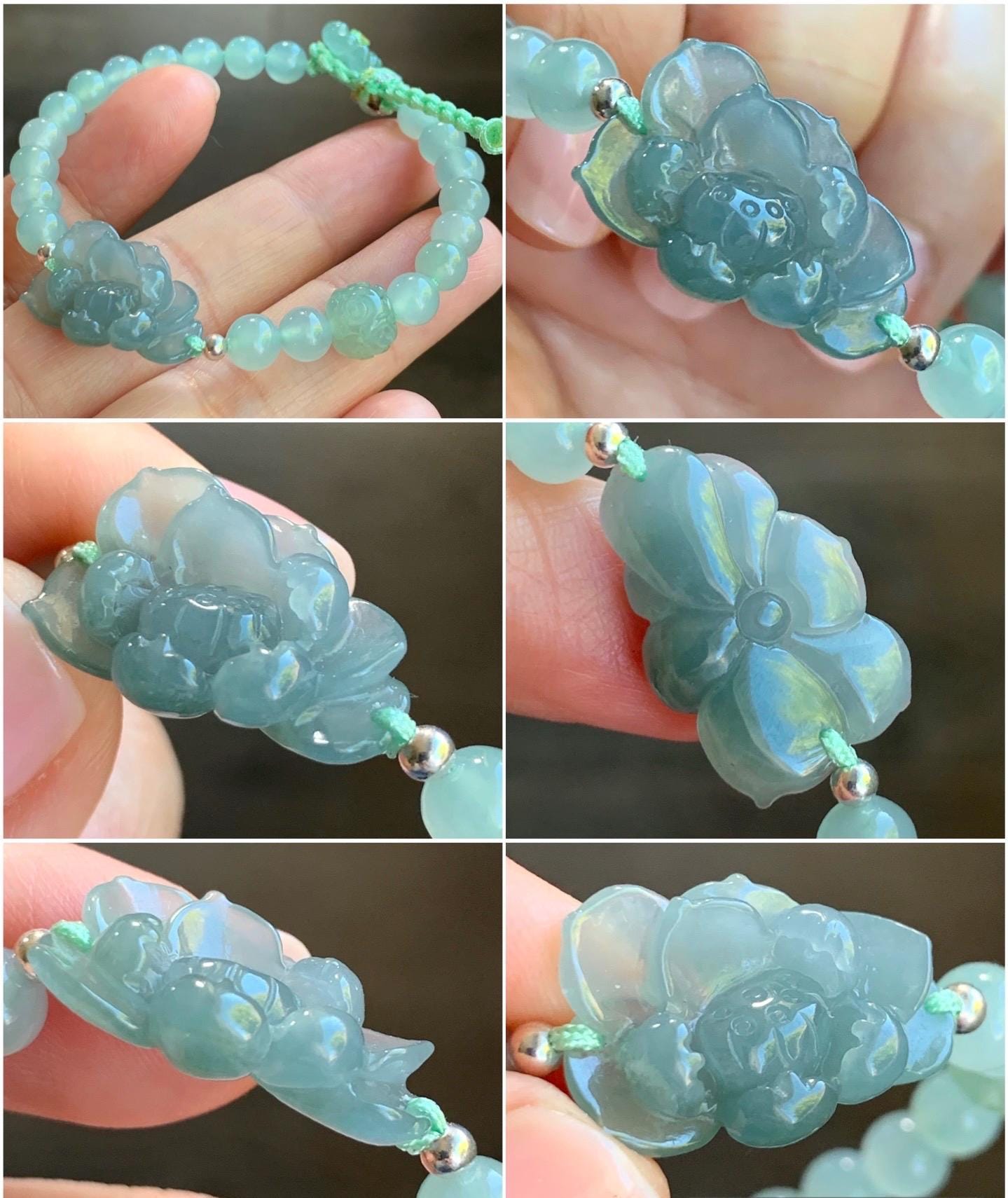 Certified Natural Burmese Icy Translucent Dusty Teal Blue & Light Green Jadeite Lotus Flower Beaded Bracelet 6.25”-7.25” 天然缅甸冰蓝翡翠莲花晴底珠手串 936