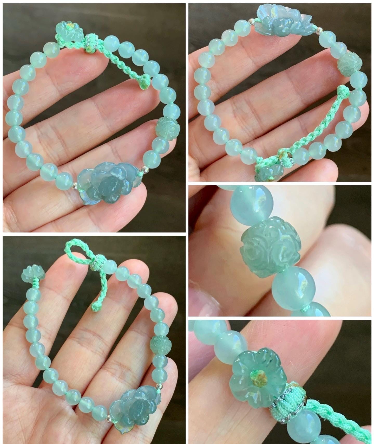 Certified Natural Burmese Icy Translucent Dusty Teal Blue & Light Green Jadeite Lotus Flower Beaded Bracelet 6.25”-7.25” 天然缅甸冰蓝翡翠莲花晴底珠手串 936