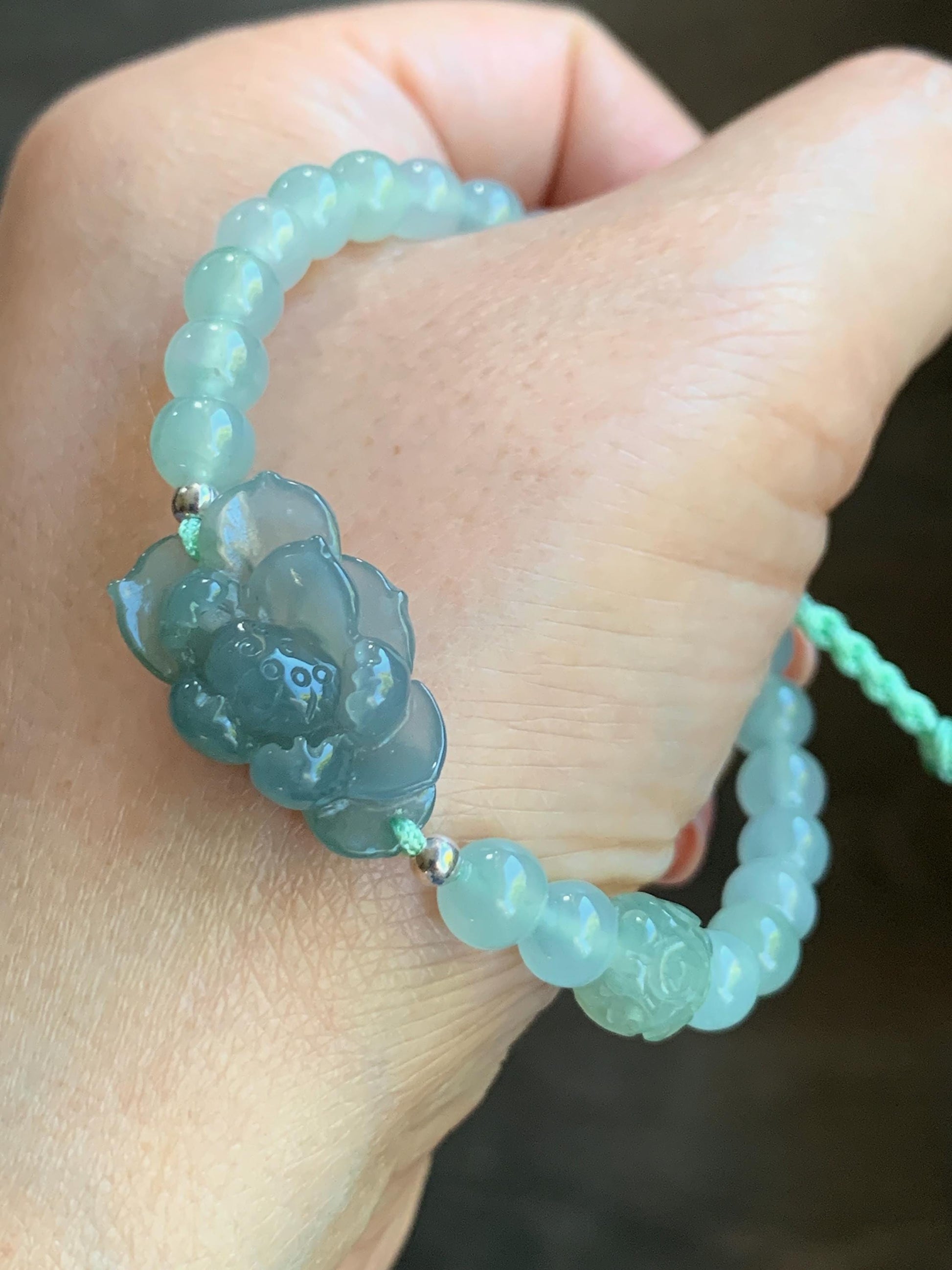 Certified Natural Burmese Icy Translucent Dusty Teal Blue & Light Green Jadeite Lotus Flower Beaded Bracelet 6.25”-7.25” 天然缅甸冰蓝翡翠莲花晴底珠手串 936
