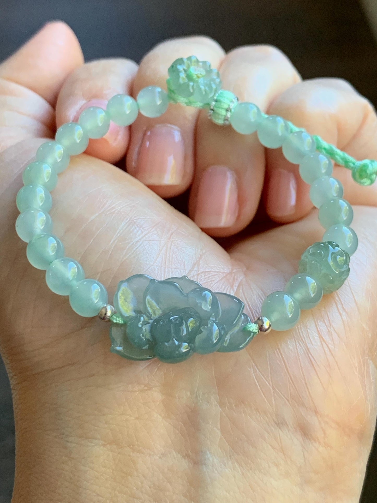 Certified Natural Burmese Icy Translucent Dusty Teal Blue & Light Green Jadeite Lotus Flower Beaded Bracelet 6.25”-7.25” 天然缅甸冰蓝翡翠莲花晴底珠手串 936