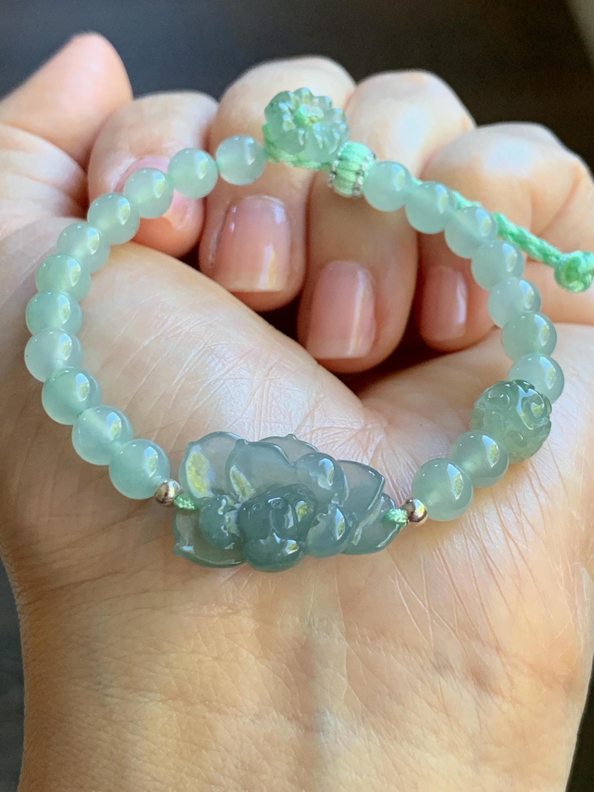 Certified Natural Burmese Icy Translucent Dusty Teal Blue & Light Green Jadeite Lotus Flower Beaded Bracelet 6.25”-7.25” 天然缅甸冰蓝翡翠莲花晴底珠手串 936