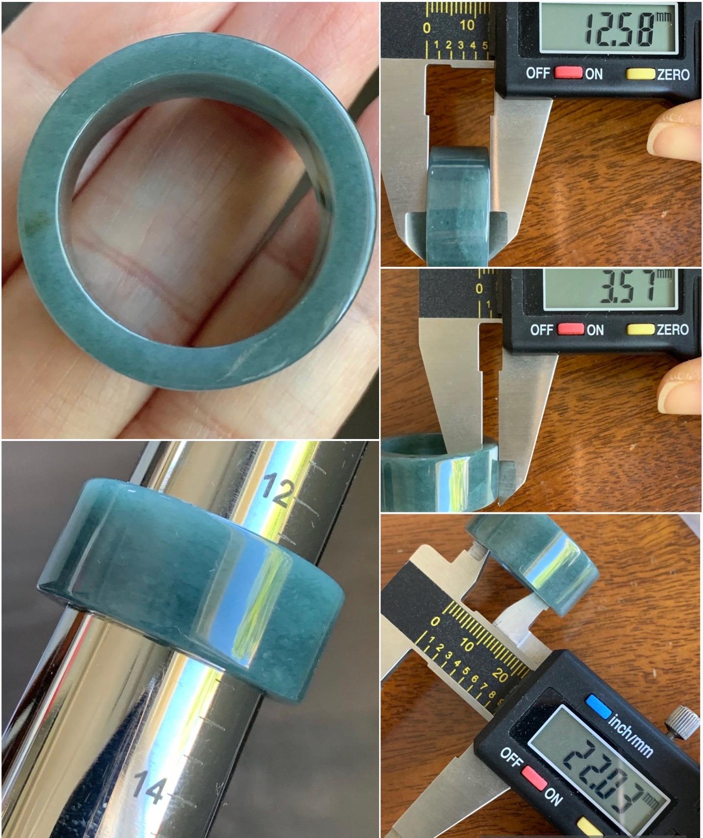 Natural Guatemalan Icy Translucent Dark Dusty Blue Jadeite Wide Banzhi Band Ring Size 12.5 12g 天然危淡深蓝翡翠扳指戒圈