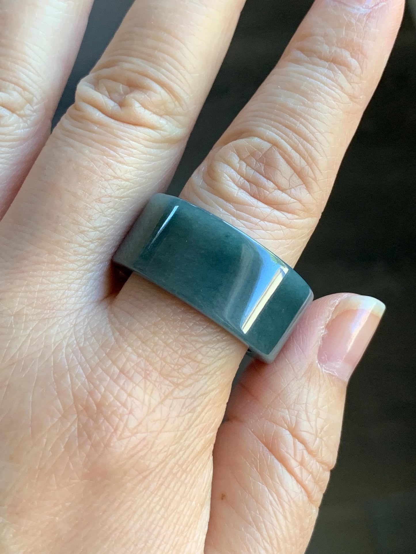 Natural Guatemalan Icy Translucent Dark Dusty Blue Jadeite Wide Banzhi Band Ring Size 12.5 12g 天然危淡深蓝翡翠扳指戒圈