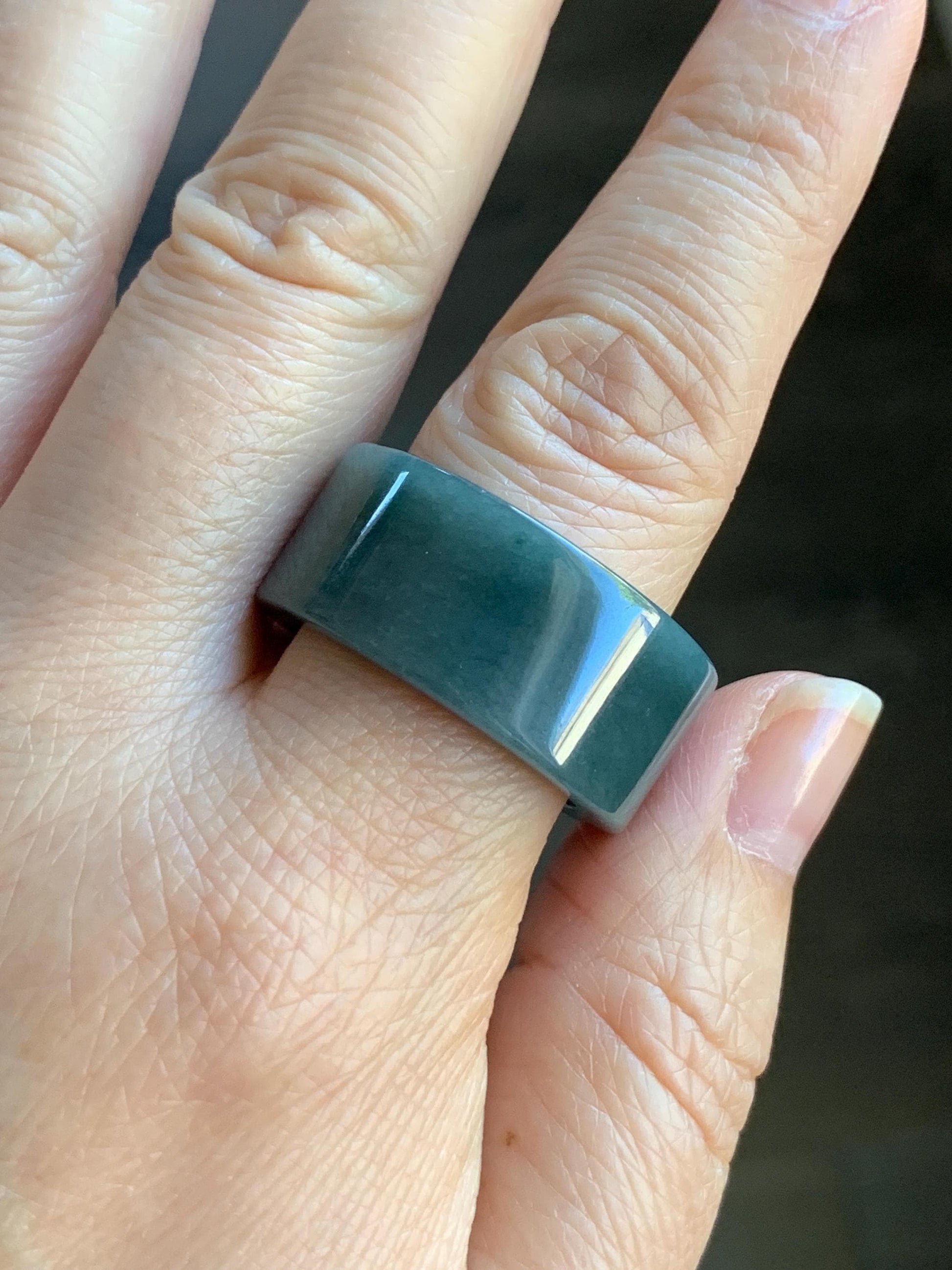 Natural Guatemalan Icy Translucent Dark Dusty Blue Jadeite Wide Banzhi Band Ring Size 12.5 12g 天然危淡深蓝翡翠扳指戒圈