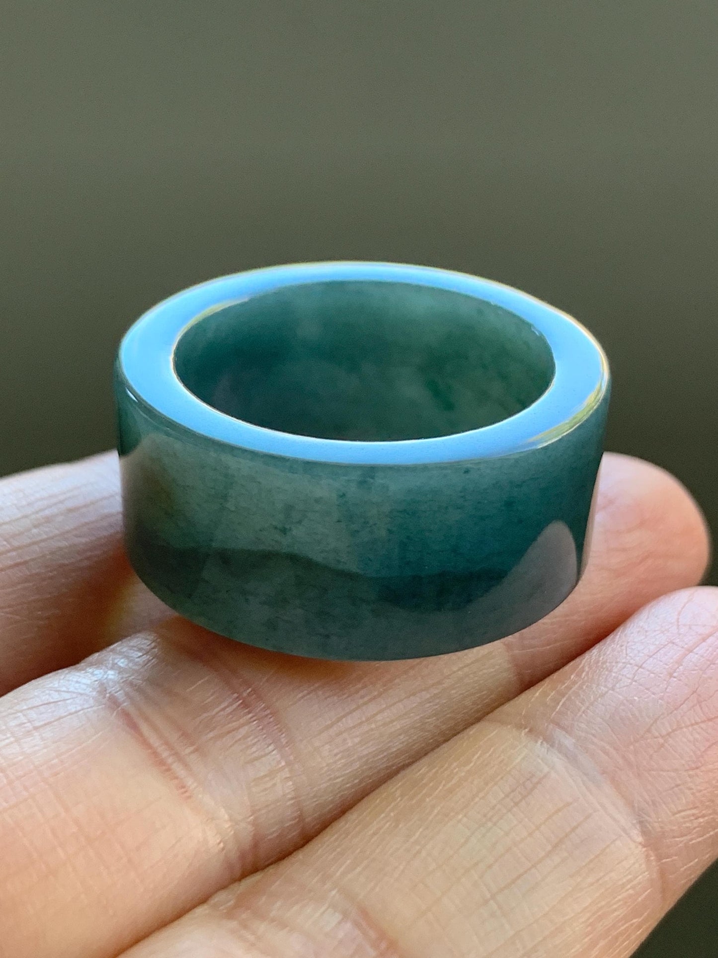 Natural Guatemalan Icy Translucent Dark Dusty Blue Jadeite Wide Banzhi Band Ring Size 12.5 12g 天然危淡深蓝翡翠扳指戒圈