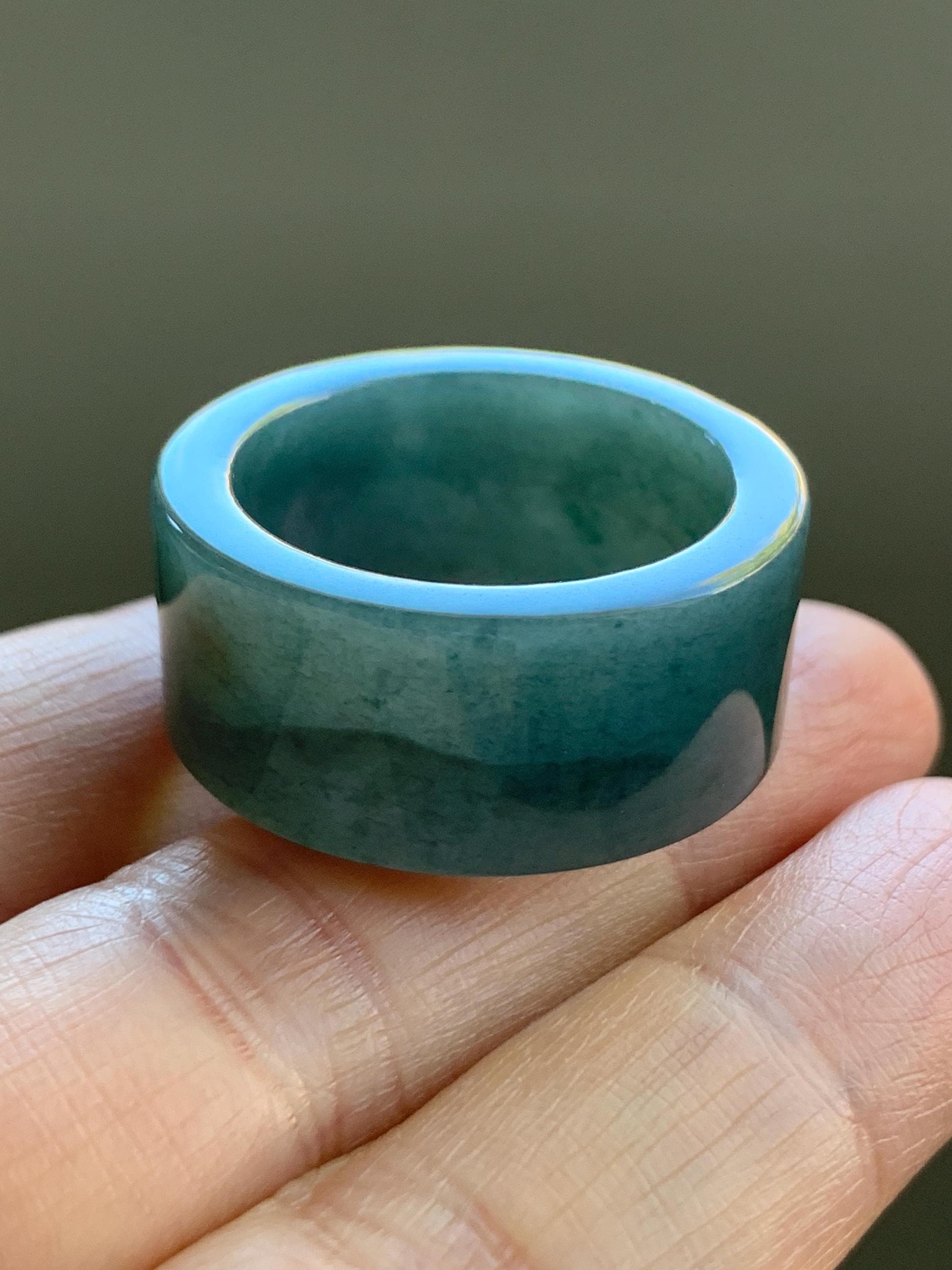 Natural Guatemalan Icy Translucent Dark Dusty Blue Jadeite Wide Banzhi Band Ring Size 12.5 12g 天然危淡深蓝翡翠扳指戒圈