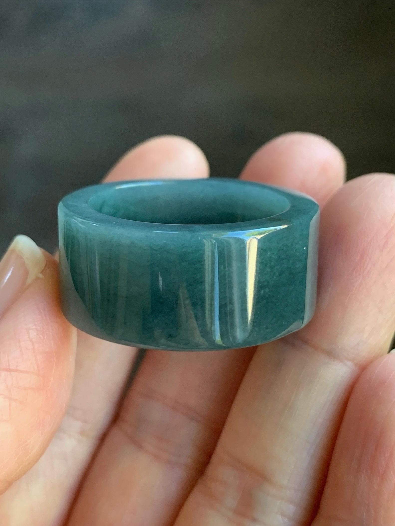 Natural Guatemalan Icy Translucent Dark Dusty Blue Jadeite Wide Banzhi Band Ring Size 12.5 12g 天然危淡深蓝翡翠扳指戒圈