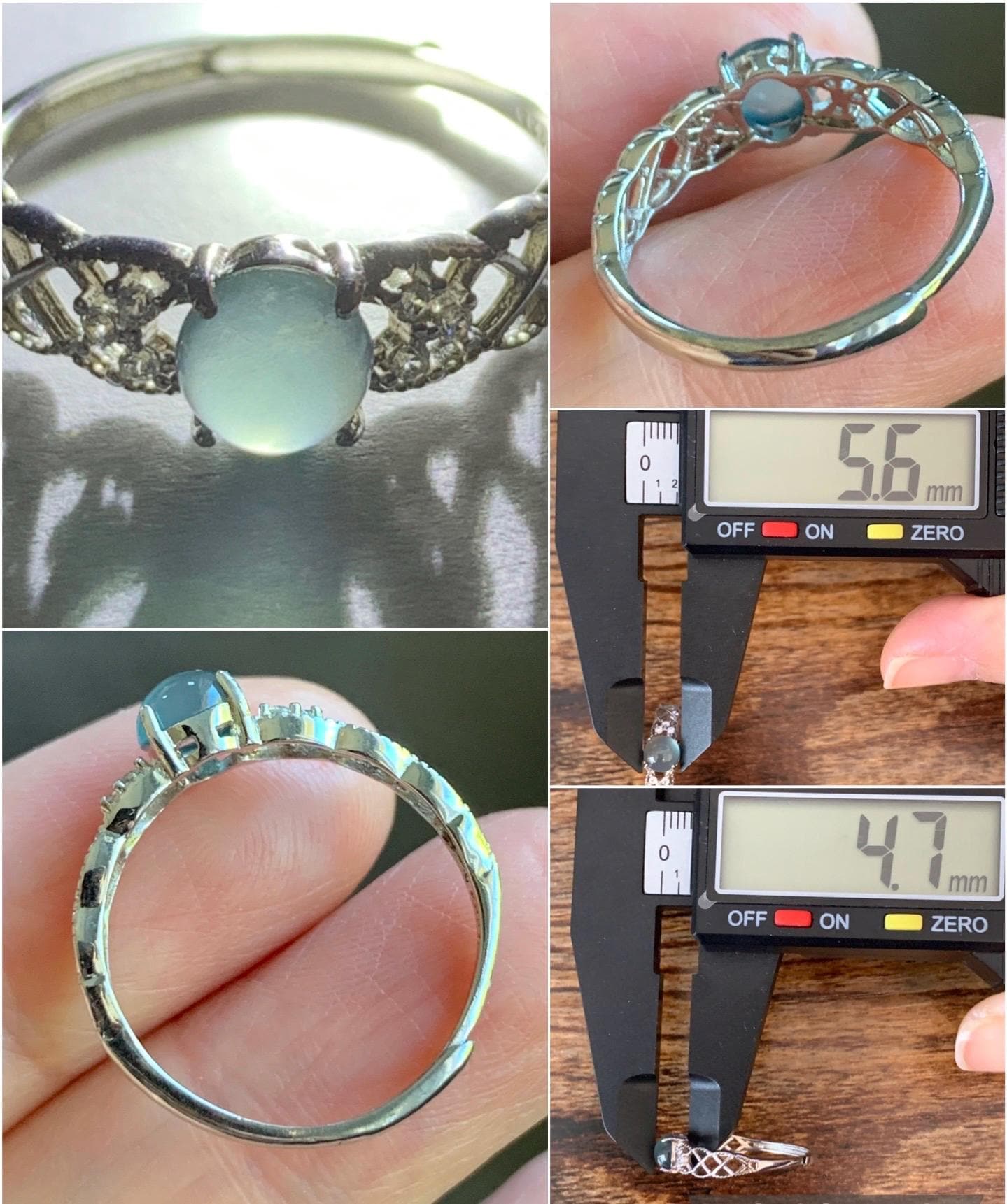 Natural Guatemalan Icy Highly Translucent Light Blue Jadeite Solitaire Open Band Ring Sterling Silver size 7 Adjustable 天然冰危淡蓝翡翠开口银镶戒指 WLY95