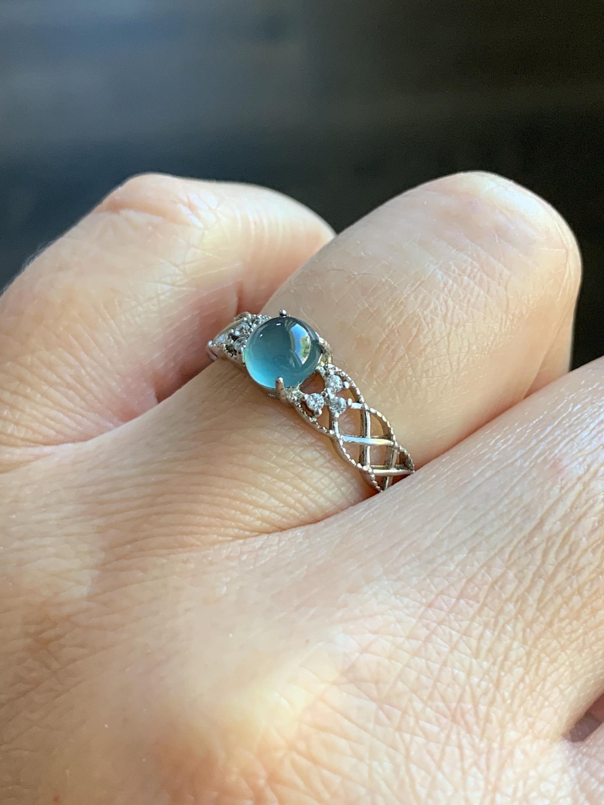Natural Guatemalan Icy Highly Translucent Light Blue Jadeite Solitaire Open Band Ring Sterling Silver size 7 Adjustable 天然冰危淡蓝翡翠开口银镶戒指 WLY95
