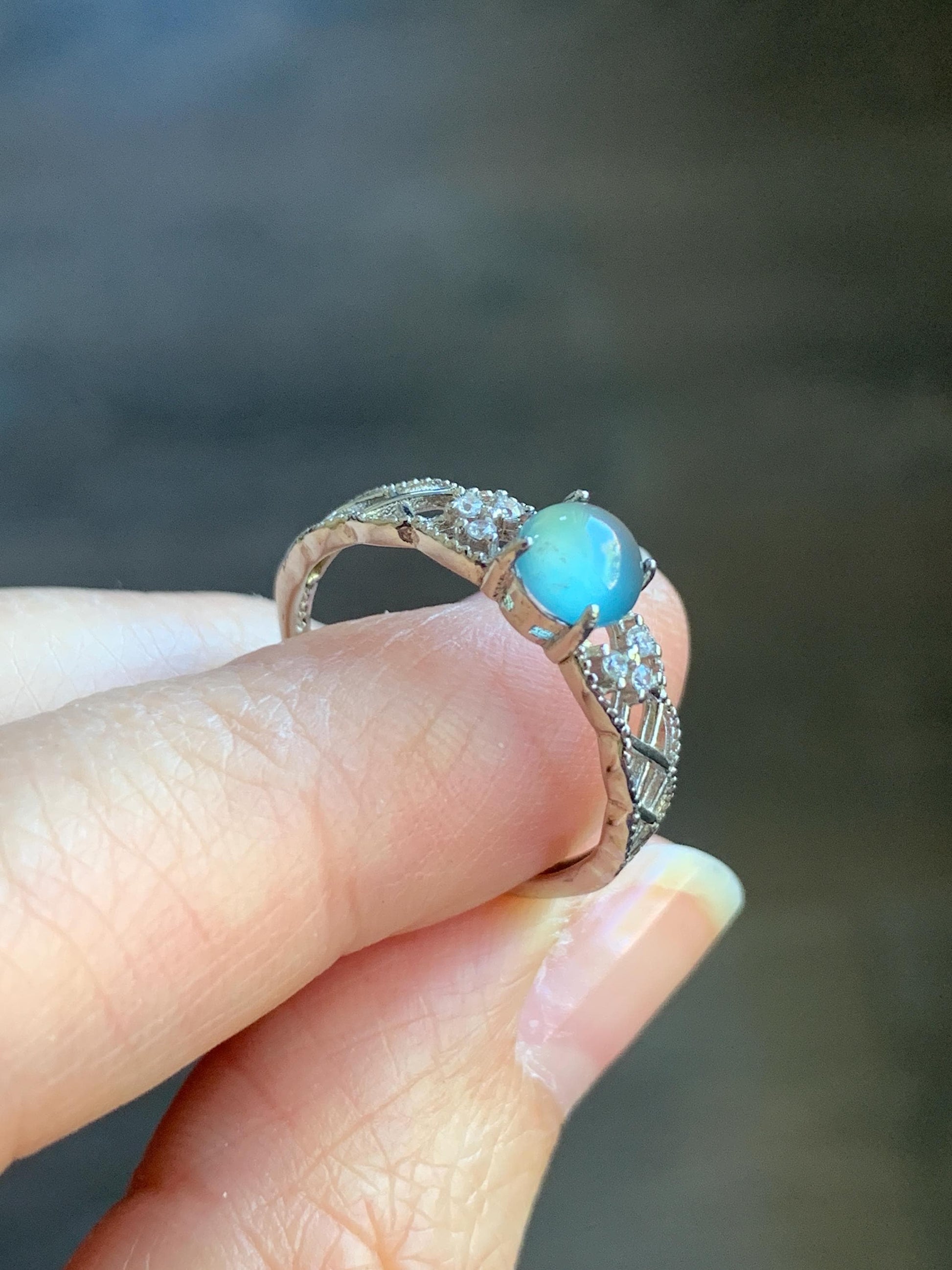 Natural Guatemalan Icy Highly Translucent Light Blue Jadeite Solitaire Open Band Ring Sterling Silver size 7 Adjustable 天然冰危淡蓝翡翠开口银镶戒指 WLY95