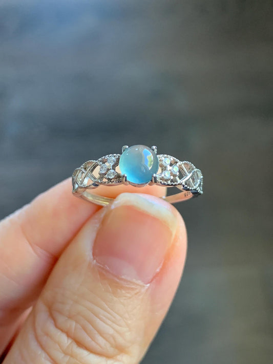 Natural Guatemalan Icy Highly Translucent Light Blue Jadeite Solitaire Open Band Ring Sterling Silver size 7 Adjustable 天然冰危淡蓝翡翠开口银镶戒指 WLY95
