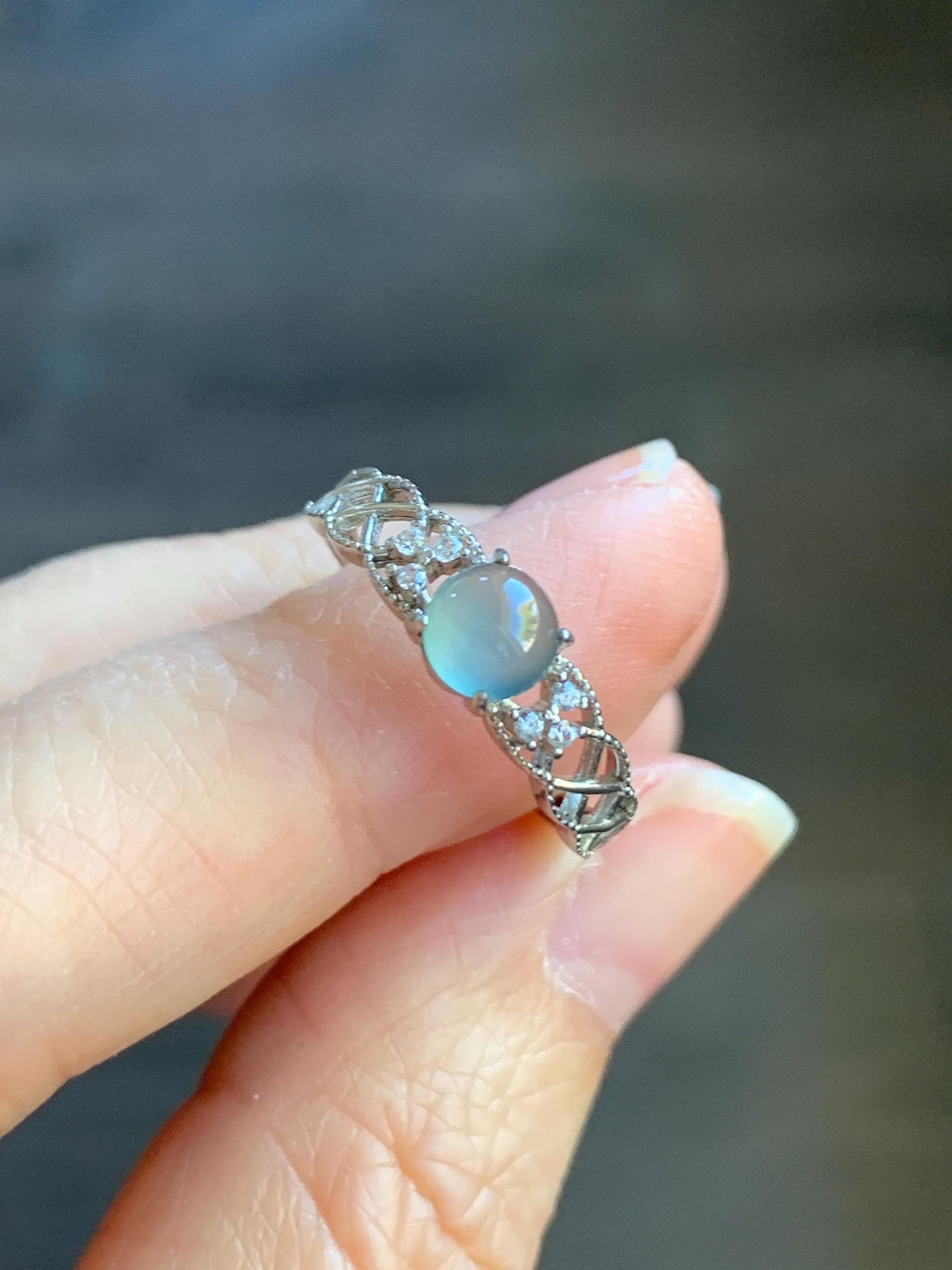 Natural Guatemalan Icy Highly Translucent Light Blue Jadeite Solitaire Open Band Ring Sterling Silver size 7 Adjustable 天然冰危淡蓝翡翠开口银镶戒指 WLY95