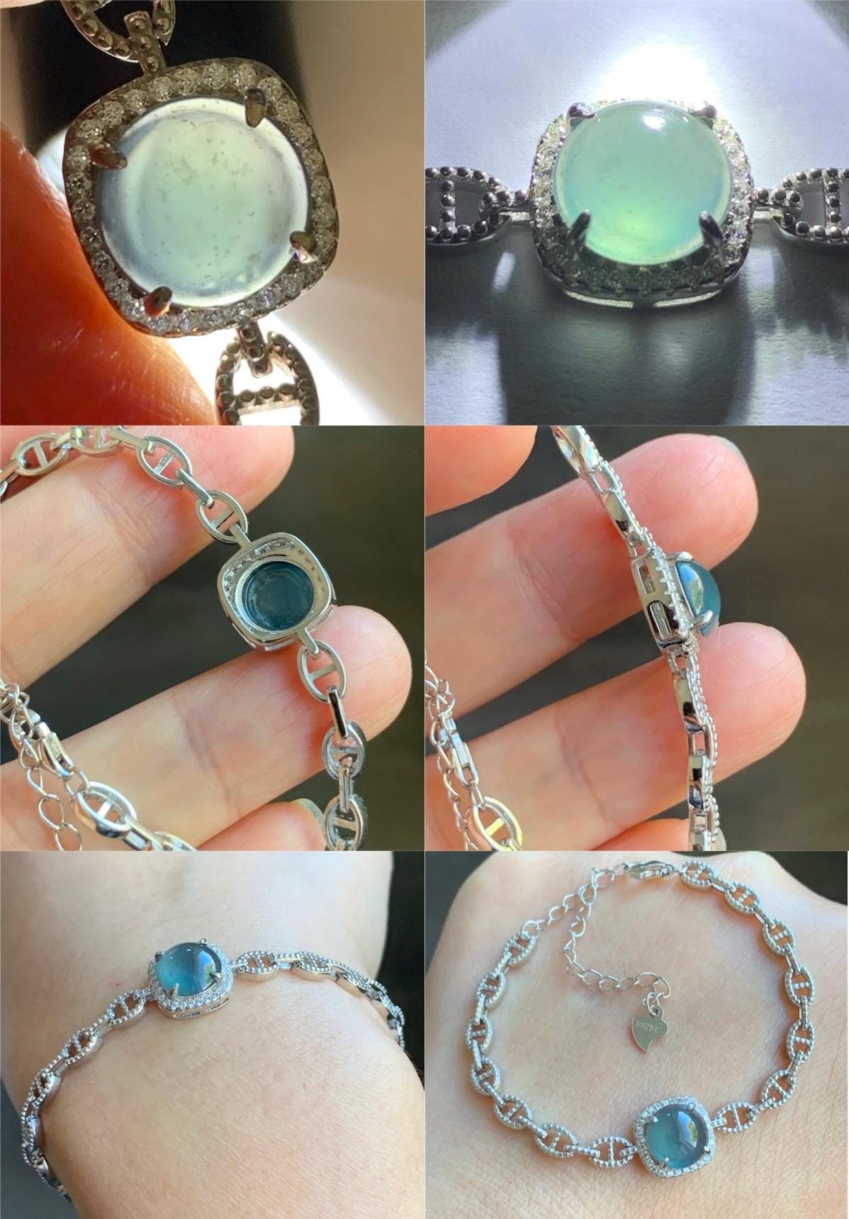 Natural Guatemalan Grade A Icy Highly Translucent Teal Blue Jadeite Chain Bracelet Sterling Silver 5" -7.5” Adjustable 天然冰危蓝起光翡翠银镶手链