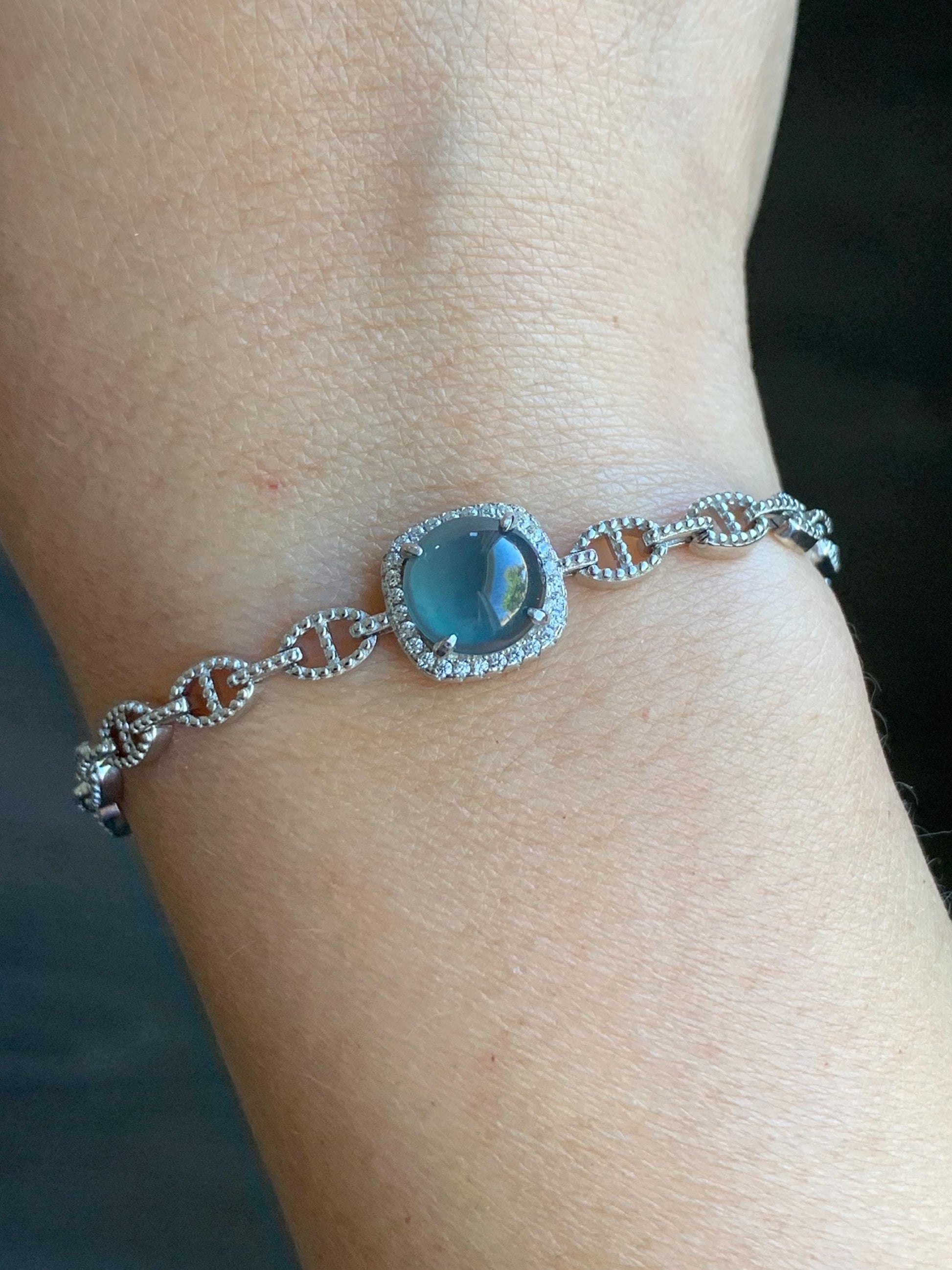 Natural Guatemalan Grade A Icy Highly Translucent Teal Blue Jadeite Chain Bracelet Sterling Silver 5" -7.5” Adjustable 天然冰危蓝起光翡翠银镶手链