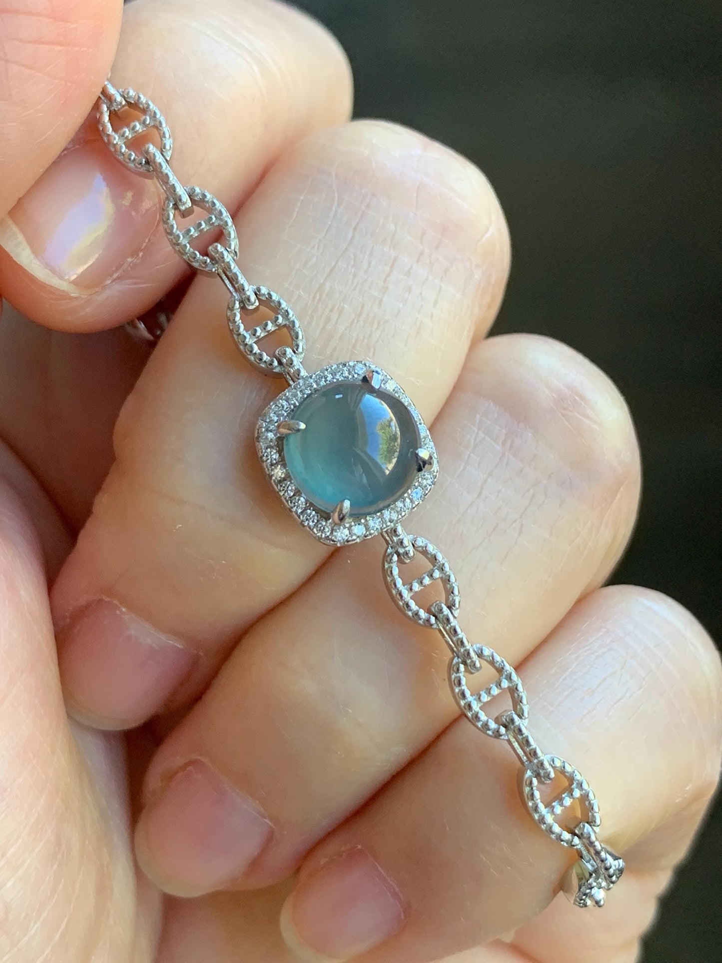 Natural Guatemalan Grade A Icy Highly Translucent Teal Blue Jadeite Chain Bracelet Sterling Silver 5" -7.5” Adjustable 天然冰危蓝起光翡翠银镶手链
