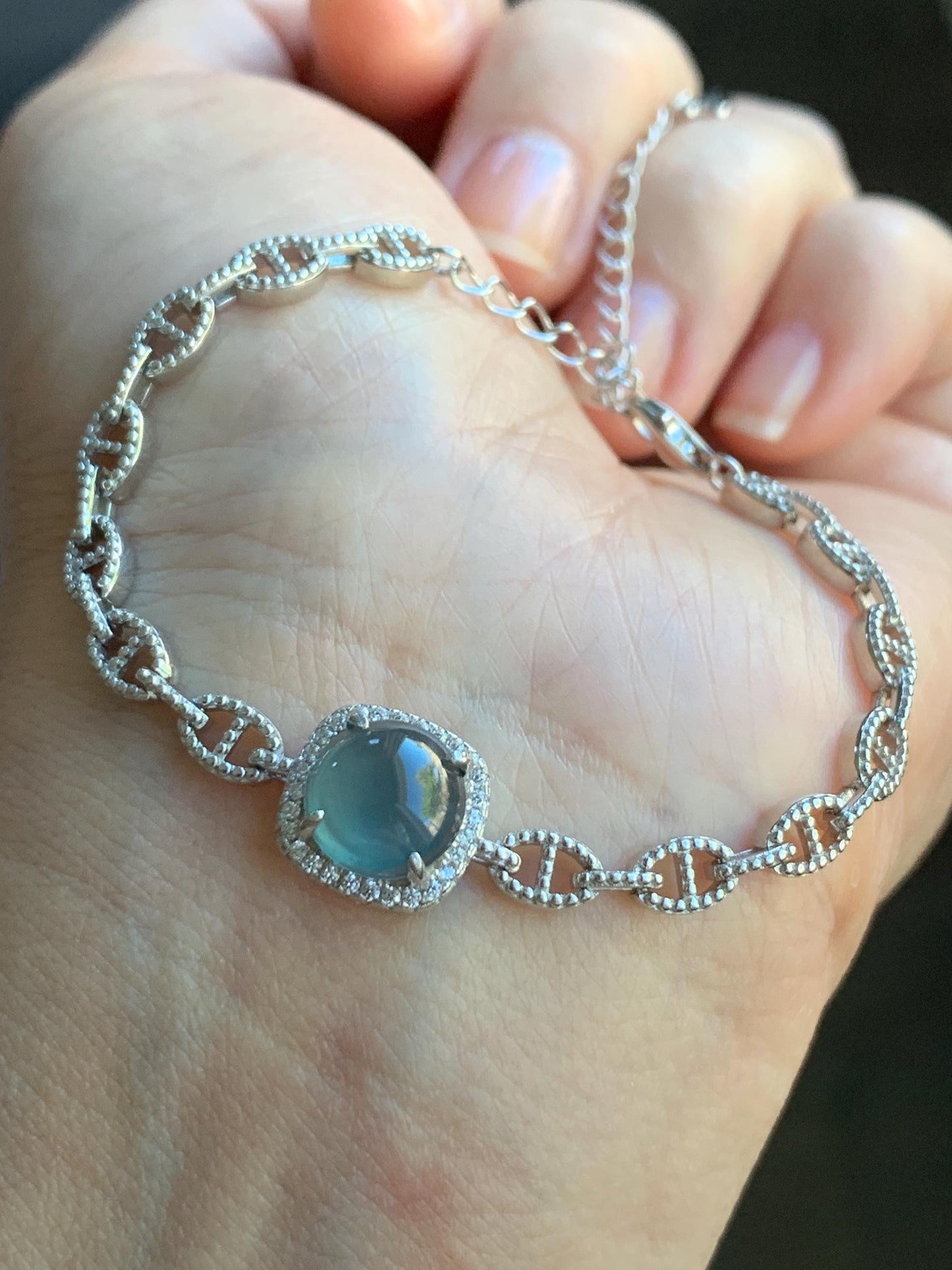 Natural Guatemalan Grade A Icy Highly Translucent Teal Blue Jadeite Chain Bracelet Sterling Silver 5" -7.5” Adjustable 天然冰危蓝起光翡翠银镶手链