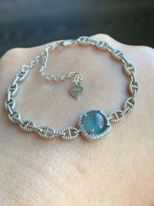 Natural Guatemalan Grade A Icy Highly Translucent Teal Blue Jadeite Chain Bracelet Sterling Silver 5" -7.5” Adjustable 天然冰危蓝起光翡翠银镶手链