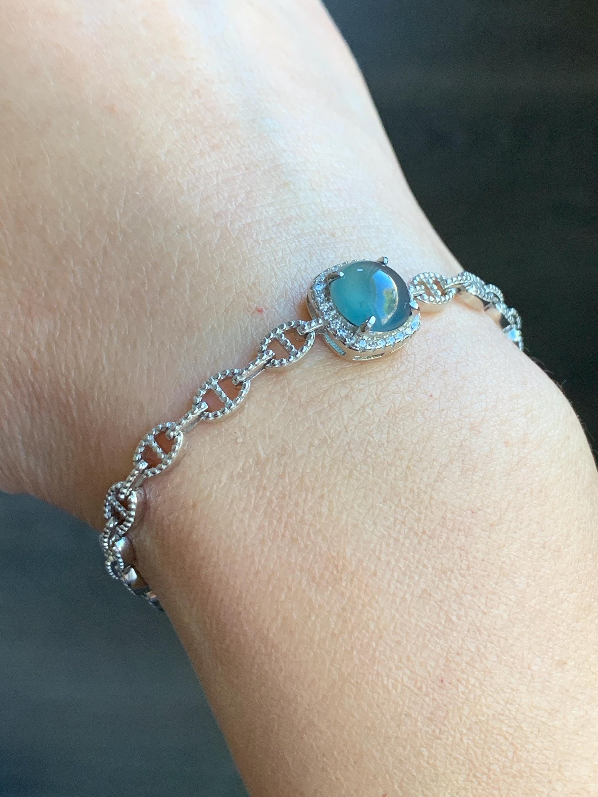 Natural Guatemalan Grade A Icy Highly Translucent Teal Blue Jadeite Chain Bracelet Sterling Silver 5" -7.5” Adjustable 天然冰危蓝起光翡翠银镶手链