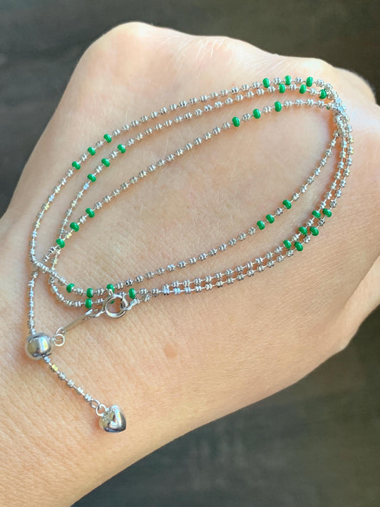 S925 Sterling Silver Beads Green Enamel Beads Beaded Chain Necklace Adjustable up to 20" 3g 1.4mm 1.8mm S925纯银银珠绿色烤漆银珠可调节项链