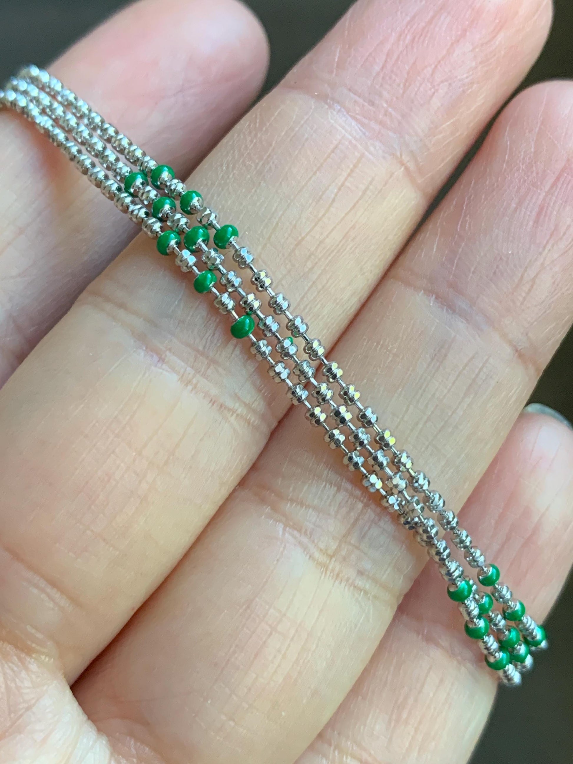 S925 Sterling Silver Beads Green Enamel Beads Beaded Chain Necklace Adjustable up to 20" 3g 1.4mm 1.8mm S925纯银银珠绿色烤漆银珠可调节项链