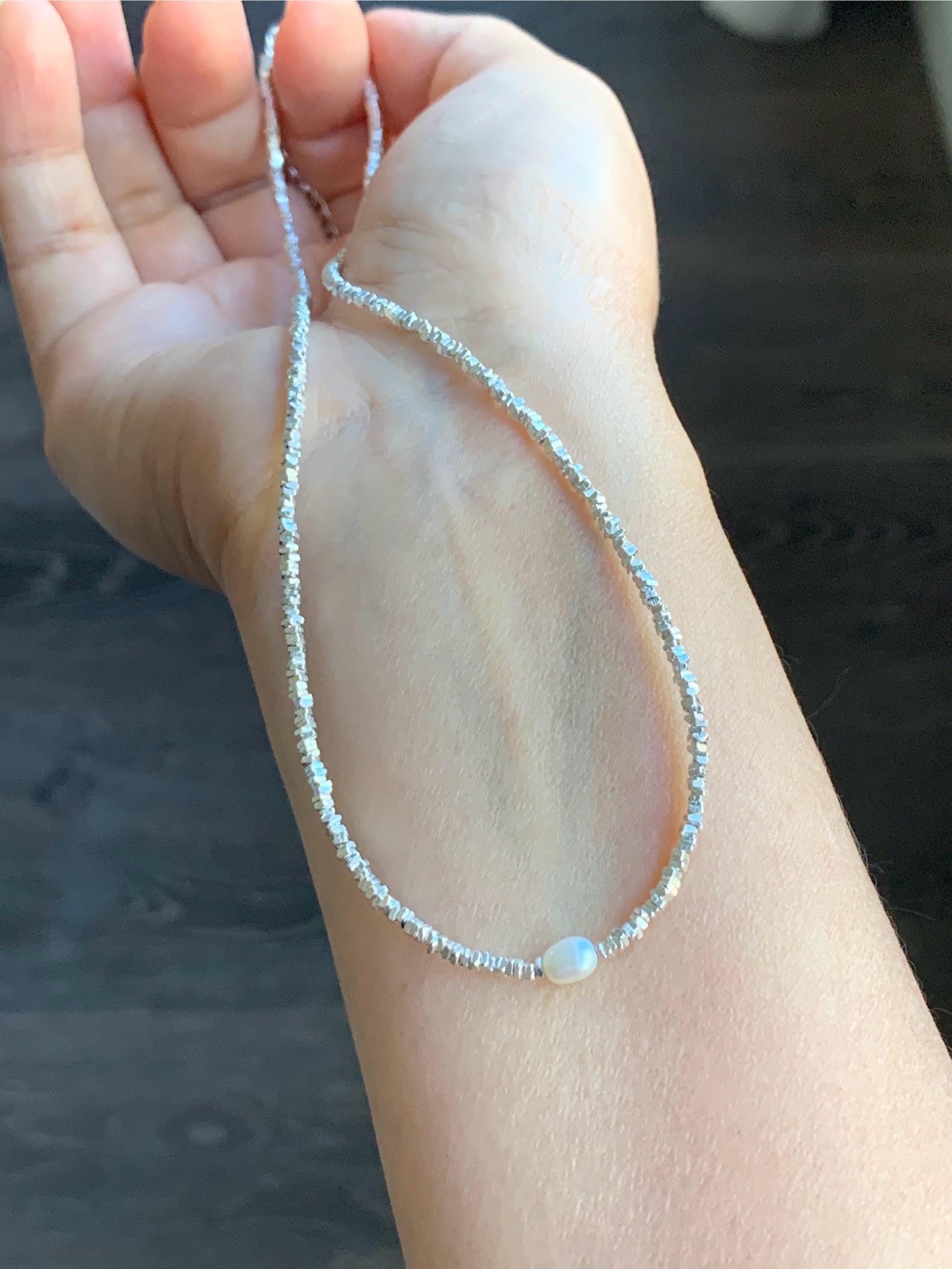 S925 Sterling Silver Triangle Beads & Natural Freshwater Pearl Beaded Chain Necklace Adjustable 15.5"-17.25” 7g 2mm S925纯银碎碎三角银珠珍珠项链