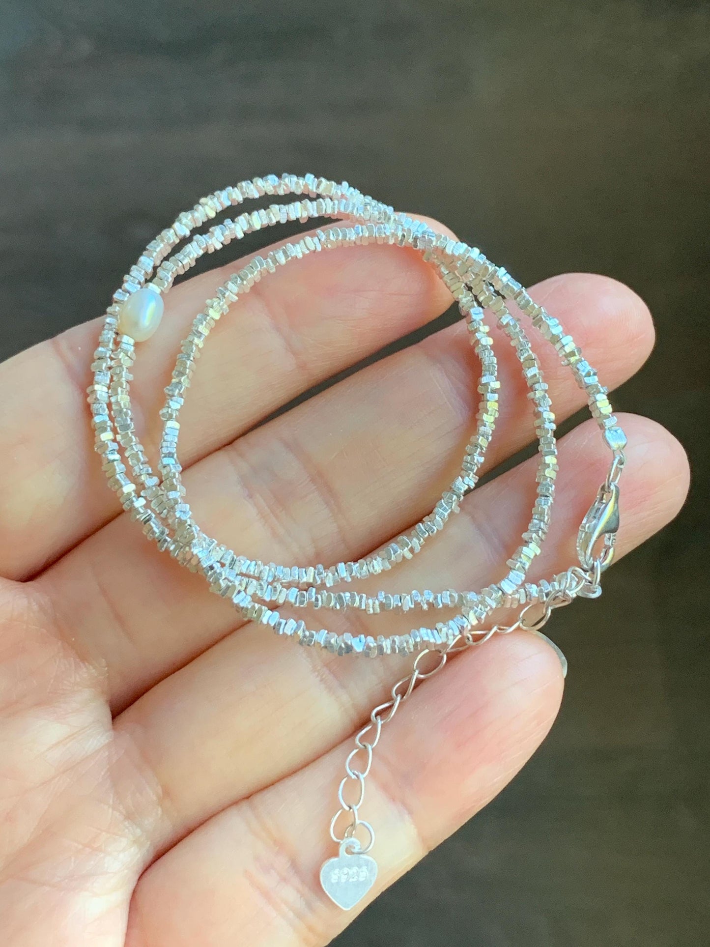 S925 Sterling Silver Triangle Beads & Natural Freshwater Pearl Beaded Chain Necklace Adjustable 15.5"-17.25” 7g 2mm S925纯银碎碎三角银珠珍珠项链