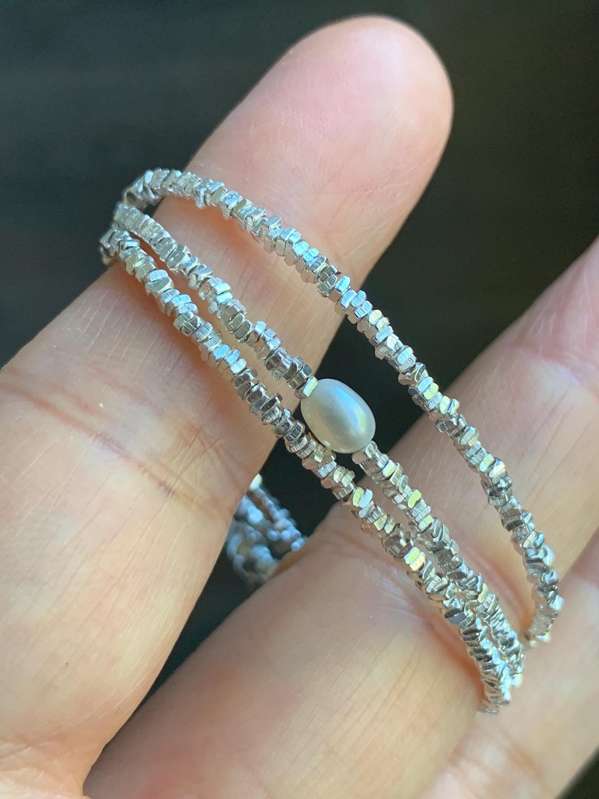 S925 Sterling Silver Triangle Beads & Natural Freshwater Pearl Beaded Chain Necklace Adjustable 15.5"-17.25” 7g 2mm S925纯银碎碎三角银珠珍珠项链