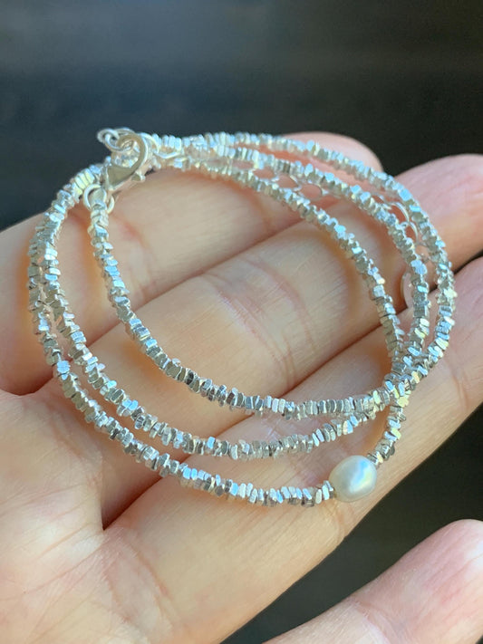 S925 Sterling Silver Triangle Beads & Natural Freshwater Pearl Beaded Chain Necklace Adjustable 15.5"-17.25” 7g 2mm S925纯银碎碎三角银珠珍珠项链