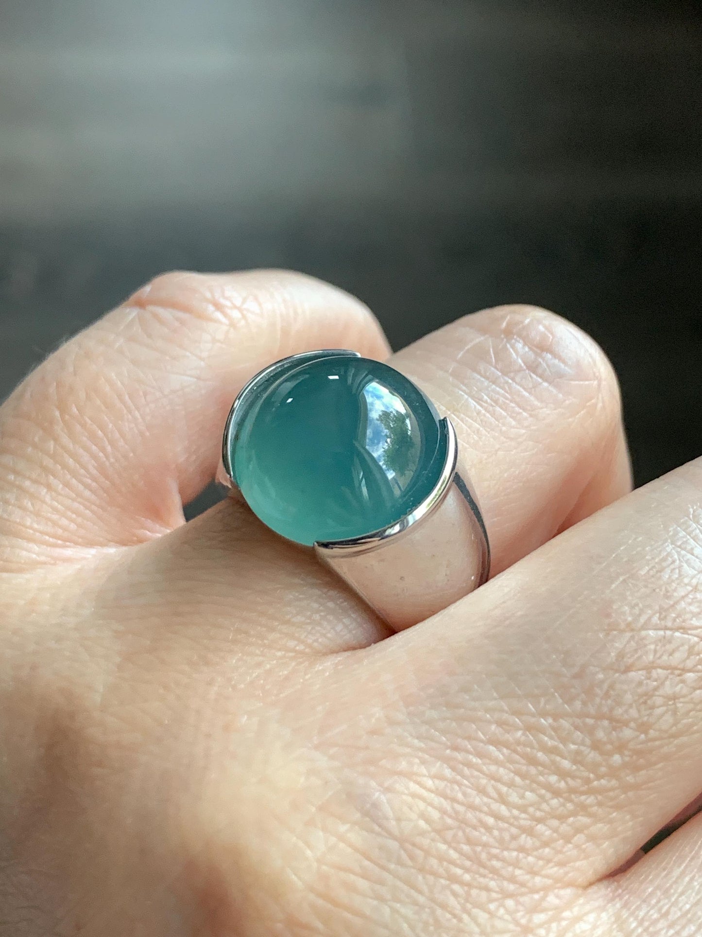 Certified Natural Guatemalan Icy Highly Translucent Teal Blue Jadeite Round Cabochon Solitaire Ring Sterling Silver size 8 天然冰危蓝水翡翠蛋面戒指 3034