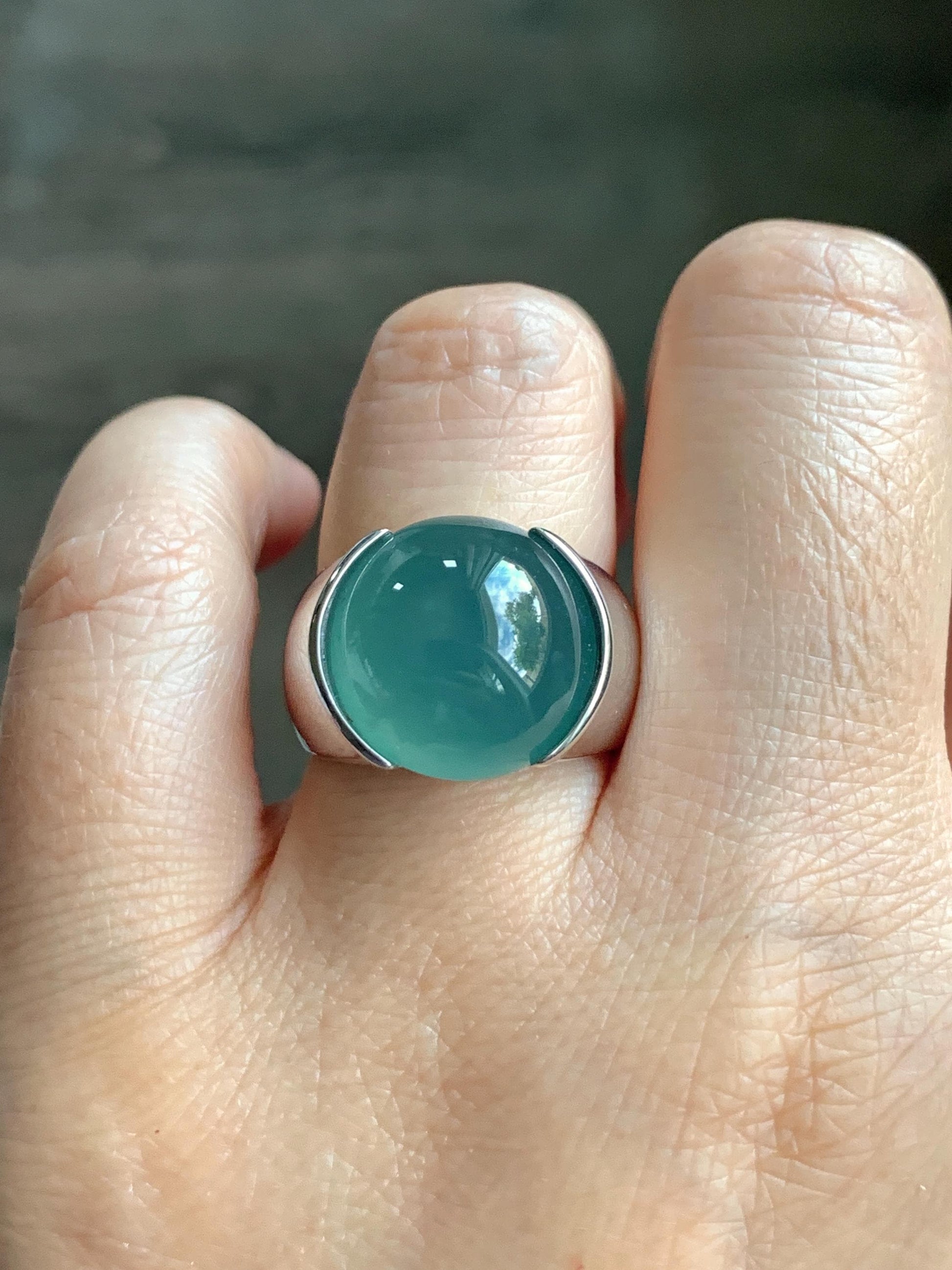 Certified Natural Guatemalan Icy Highly Translucent Teal Blue Jadeite Round Cabochon Solitaire Ring Sterling Silver size 8 天然冰危蓝水翡翠蛋面戒指 3034