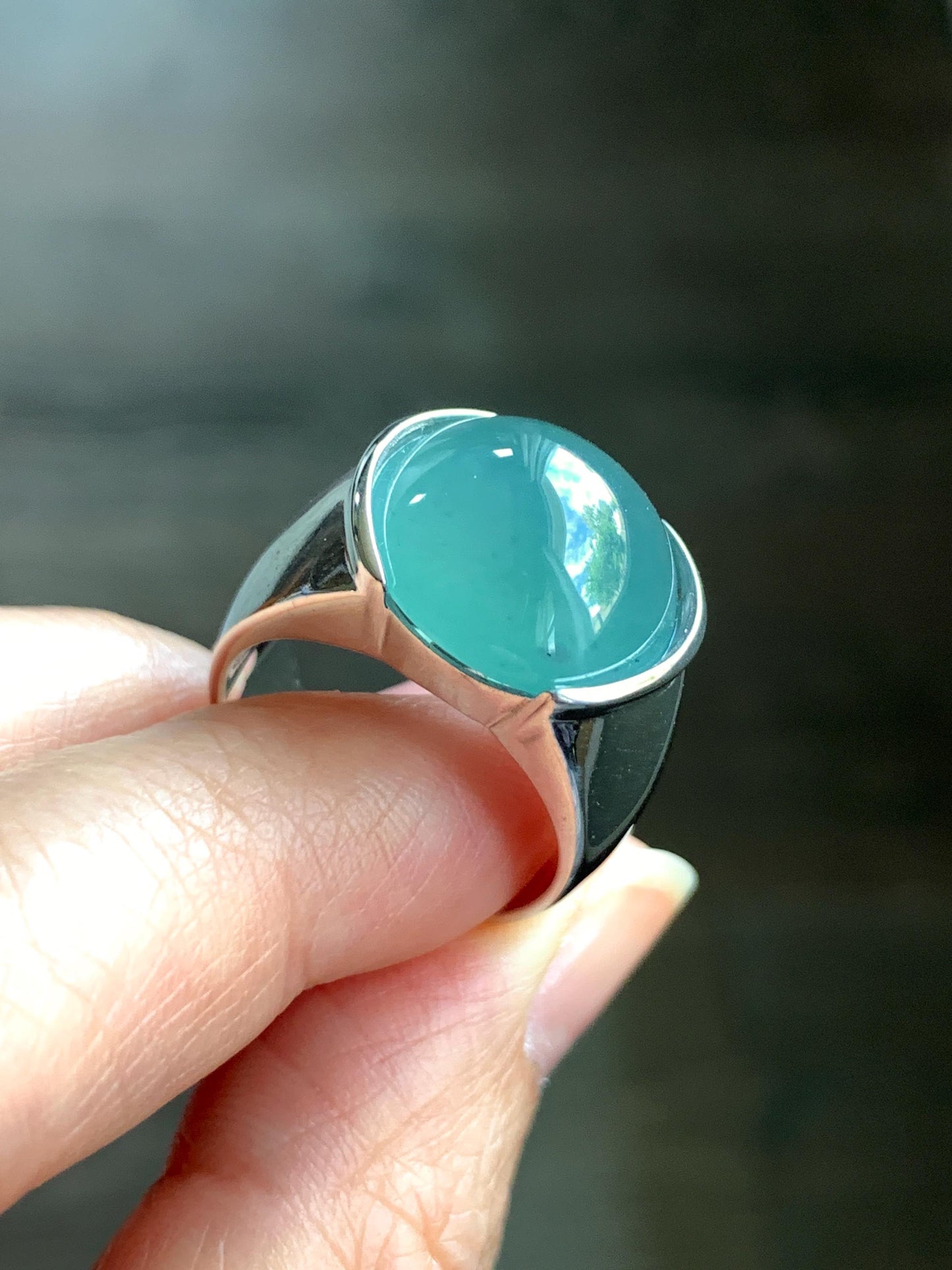 Certified Natural Guatemalan Icy Highly Translucent Teal Blue Jadeite Round Cabochon Solitaire Ring Sterling Silver size 8 天然冰危蓝水翡翠蛋面戒指 3034