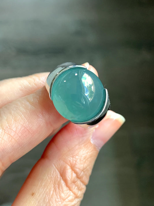 Certified Natural Guatemalan Icy Highly Translucent Teal Blue Jadeite Round Cabochon Solitaire Ring Sterling Silver size 8 天然冰危蓝水翡翠蛋面戒指 3034