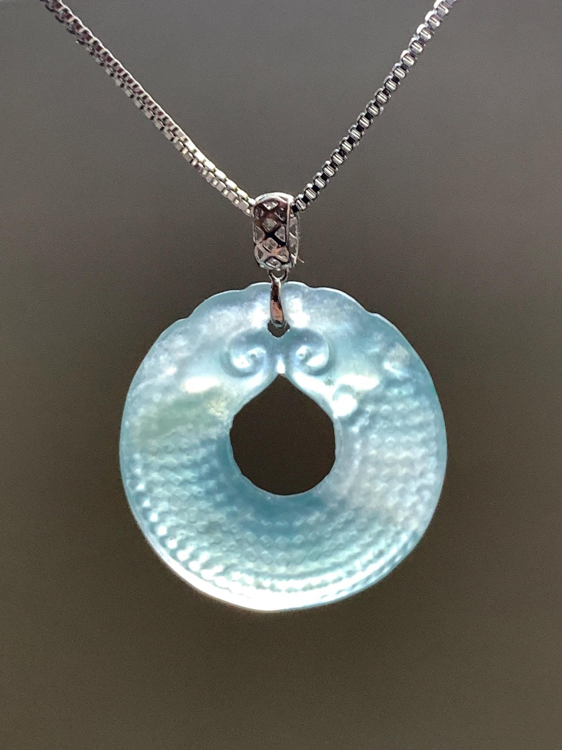 Natural Guatemalan Icy Highly Translucent Light Blue Jadeite Double Dragon Ping An Kou Donut Pendant 18K White Gold 2g 天然冰危浅蓝翡翠双龙平安圈吊坠 B