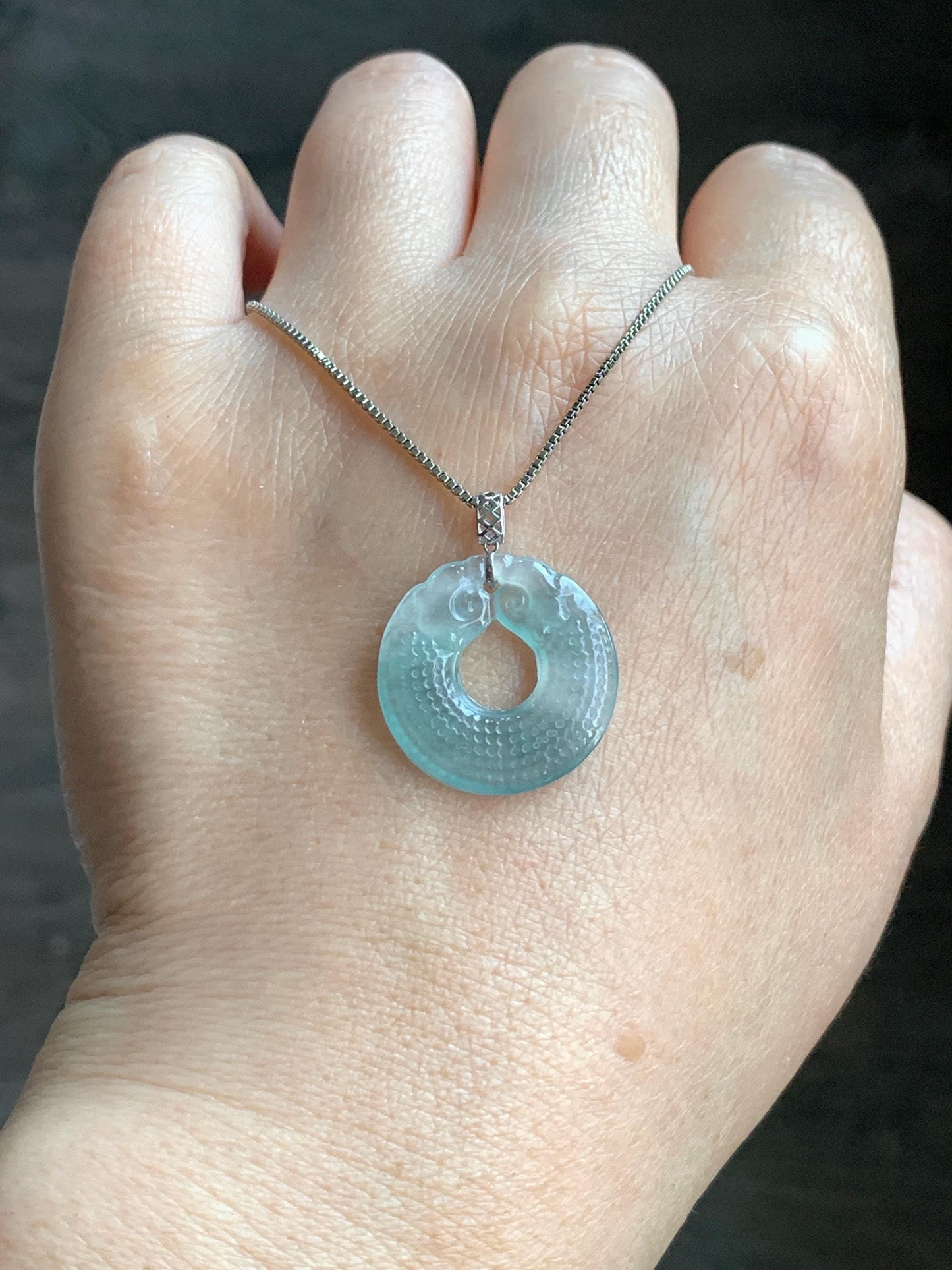 Natural Guatemalan Icy Highly Translucent Light Blue Jadeite Double Dragon Ping An Kou Donut Pendant 18K White Gold 2g 天然冰危浅蓝翡翠双龙平安圈吊坠 B