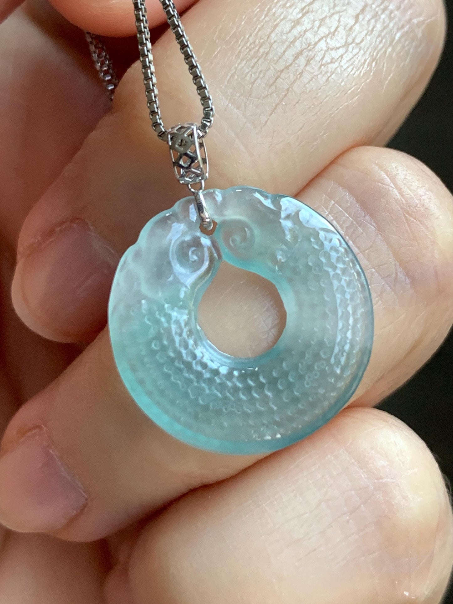Natural Guatemalan Icy Highly Translucent Light Blue Jadeite Double Dragon Ping An Kou Donut Pendant 18K White Gold 2g 天然冰危浅蓝翡翠双龙平安圈吊坠 B