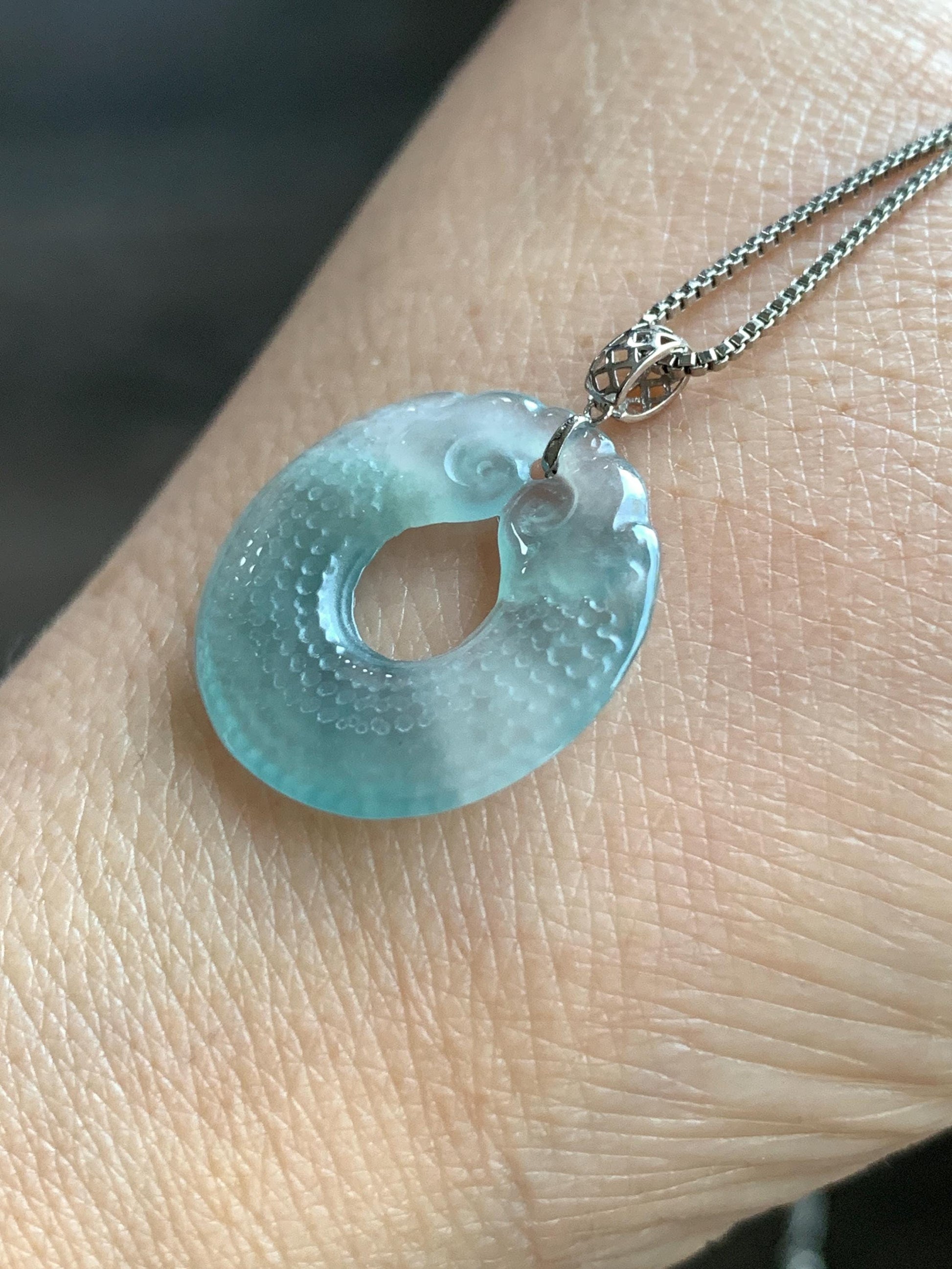 Natural Guatemalan Icy Highly Translucent Light Blue Jadeite Double Dragon Ping An Kou Donut Pendant 18K White Gold 2g 天然冰危浅蓝翡翠双龙平安圈吊坠 B