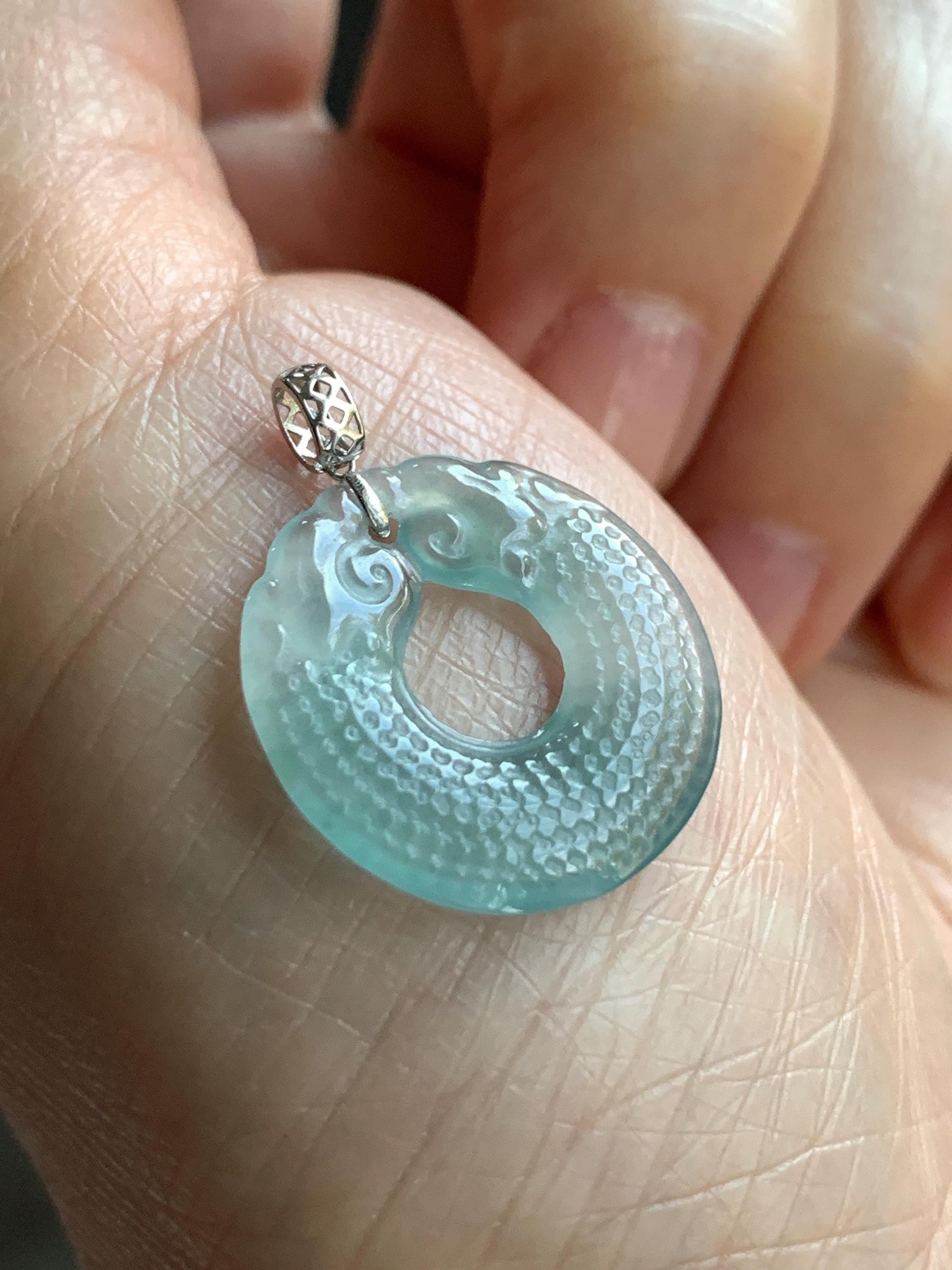 Natural Guatemalan Icy Highly Translucent Light Blue Jadeite Double Dragon Ping An Kou Donut Pendant 18K White Gold 2g 天然冰危浅蓝翡翠双龙平安圈吊坠 B