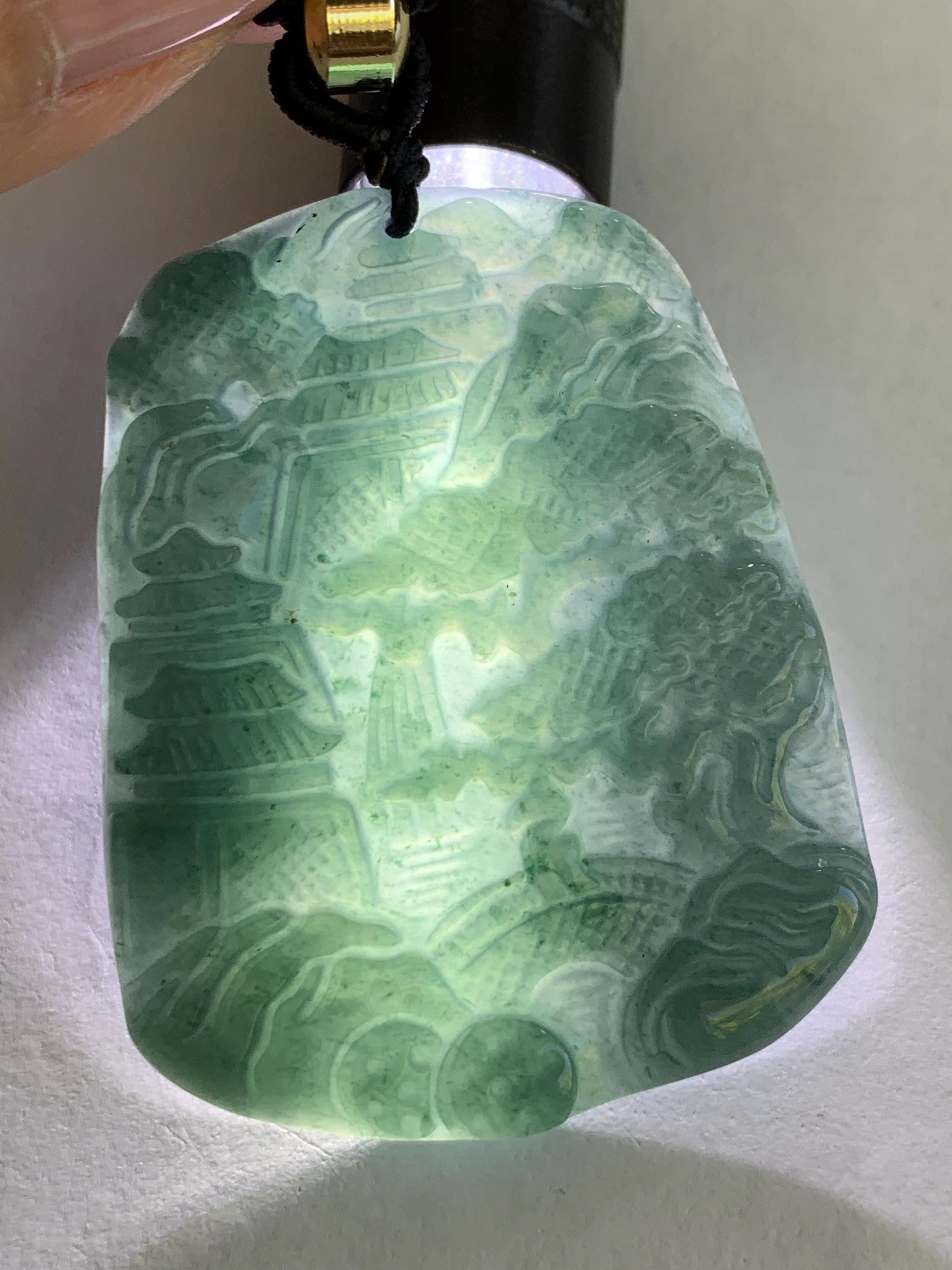Natural Guatemalan Dark Dusty Teal Blue Jadeite Carved Shan Shui Pai Landscape Tag Pendant Rope Necklace 25” 21g 天然冰危暗蓝绿翡翠山水牌吊坠 SHS522A