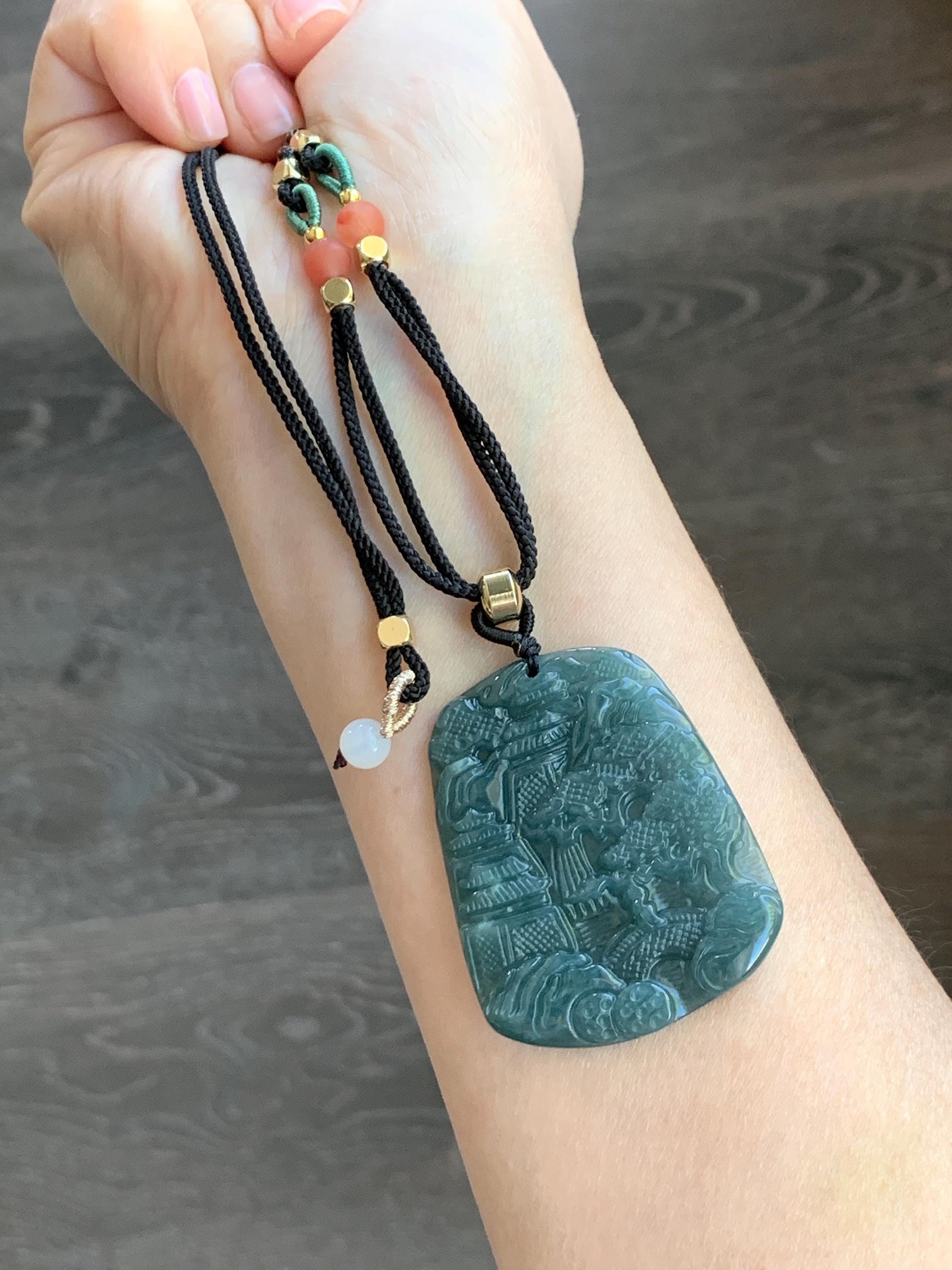 Natural Guatemalan Dark Dusty Teal Blue Jadeite Carved Shan Shui Pai Landscape Tag Pendant Rope Necklace 25” 21g 天然冰危暗蓝绿翡翠山水牌吊坠 SHS522A