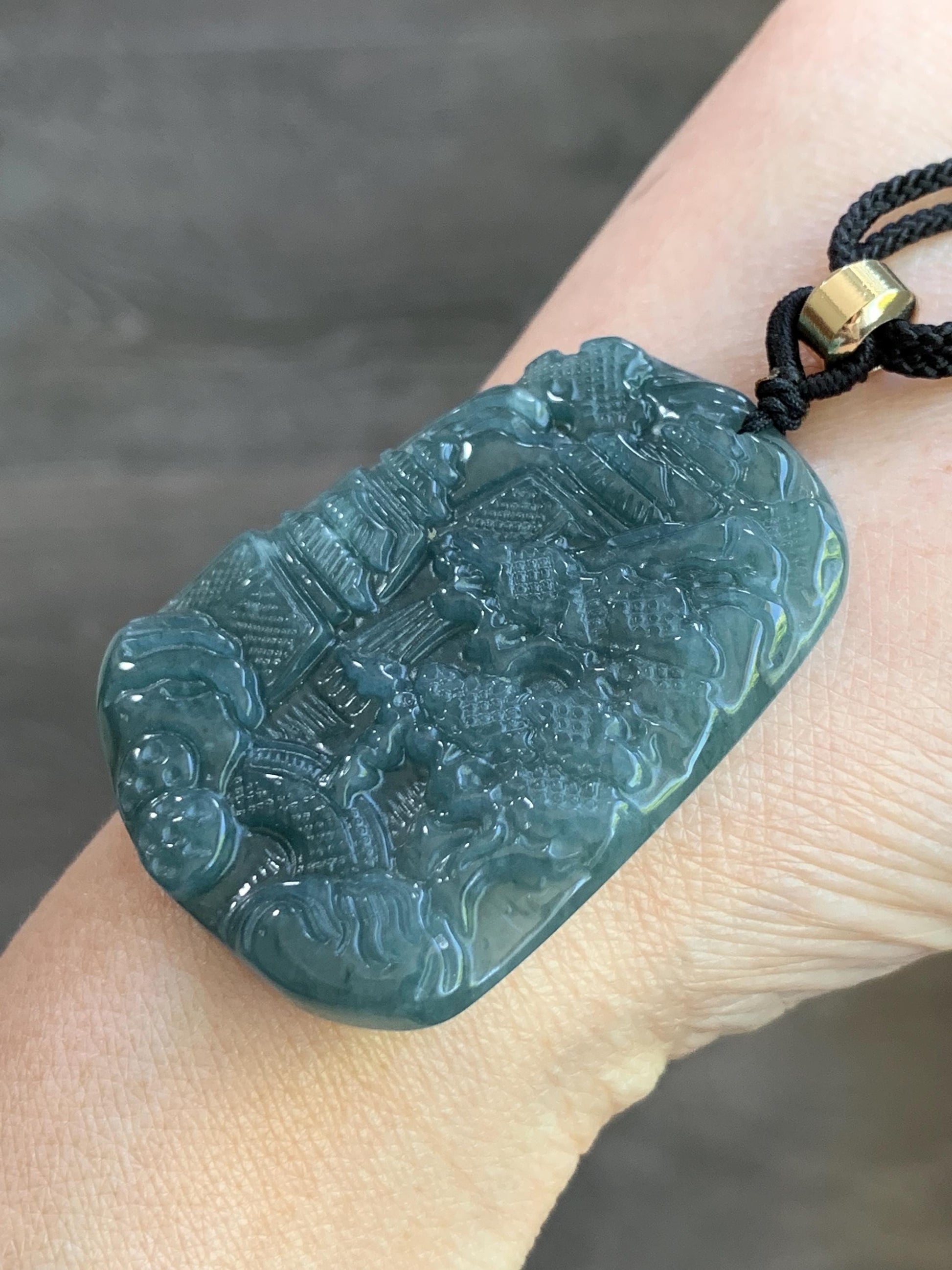 Natural Guatemalan Dark Dusty Teal Blue Jadeite Carved Shan Shui Pai Landscape Tag Pendant Rope Necklace 25” 21g 天然冰危暗蓝绿翡翠山水牌吊坠 SHS522A