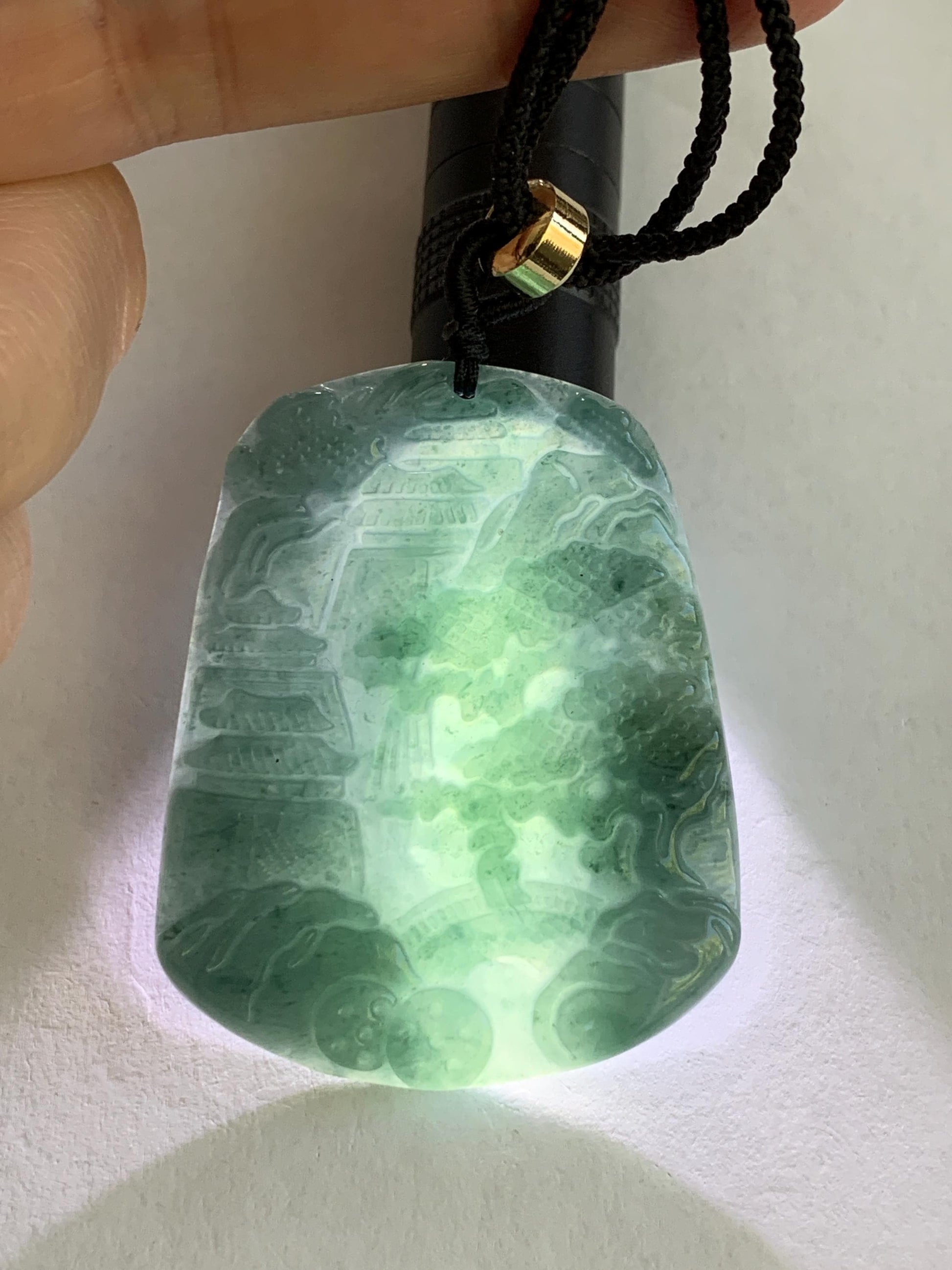 Natural Guatemalan Dark Dusty Teal Blue Jadeite Carved Shan Shui Pai Landscape Tag Pendant Rope Necklace 25” 23g 天然冰危暗蓝绿翡翠山水牌吊坠 SHS522B