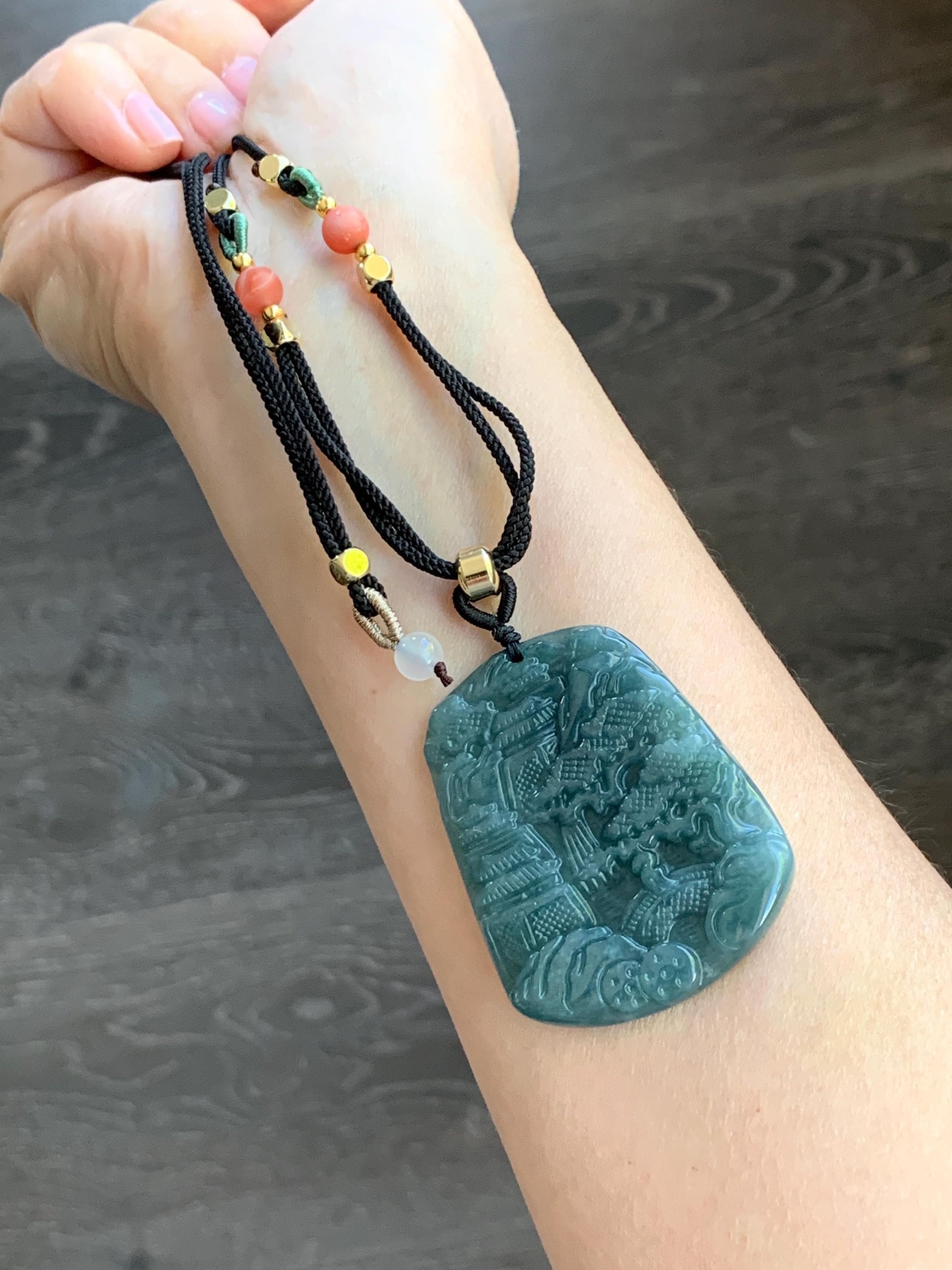 Natural Guatemalan Dark Dusty Teal Blue Jadeite Carved Shan Shui Pai Landscape Tag Pendant Rope Necklace 25” 23g 天然冰危暗蓝绿翡翠山水牌吊坠 SHS522B