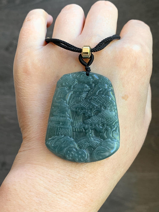 Natural Guatemalan Dark Dusty Teal Blue Jadeite Carved Shan Shui Pai Landscape Tag Pendant Rope Necklace 25” 23g 天然冰危暗蓝绿翡翠山水牌吊坠 SHS522B
