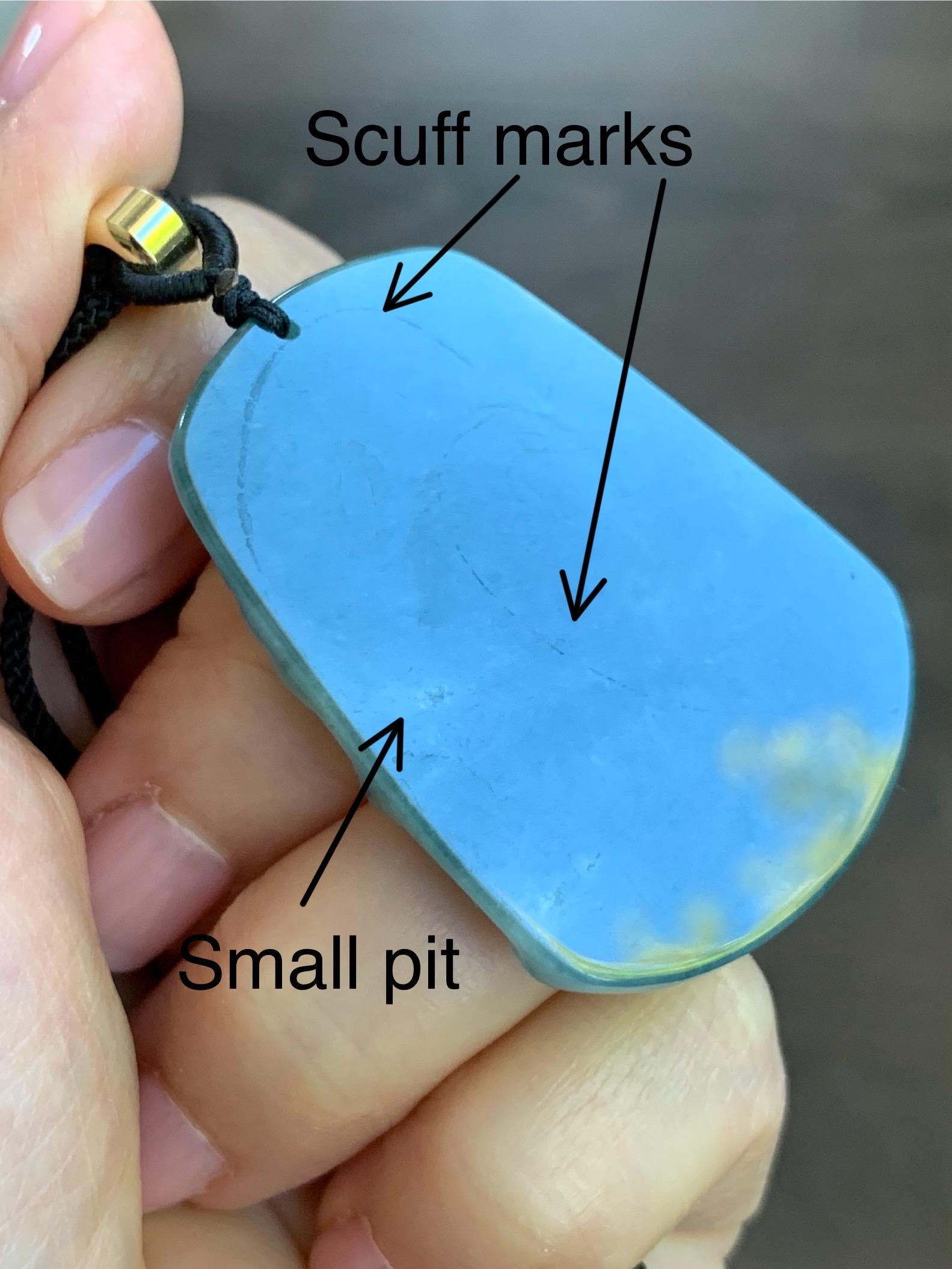 Natural Guatemalan Dark Dusty Teal Blue Jadeite Carved Shan Shui Pai Landscape Tag Pendant Rope Necklace 25” 23g 天然冰危暗蓝绿翡翠山水牌吊坠 SHS522B
