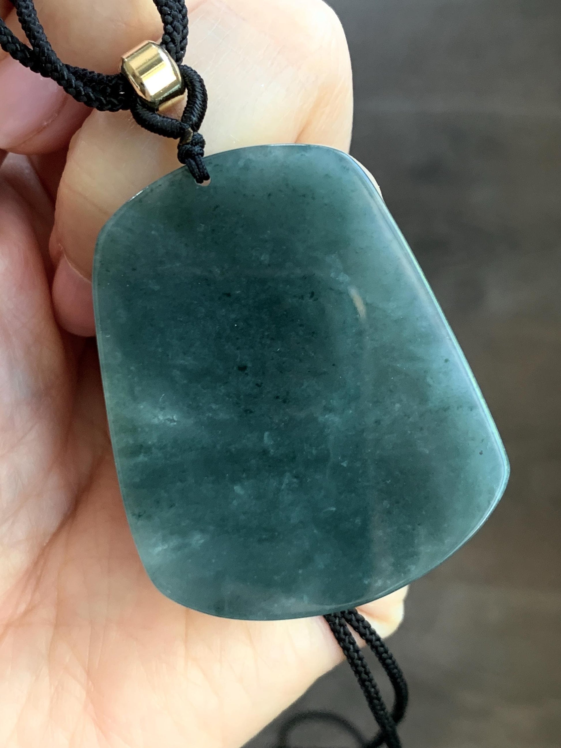 Natural Guatemalan Dark Dusty Teal Blue Jadeite Carved Shan Shui Pai Landscape Tag Pendant Rope Necklace 25” 23g 天然冰危暗蓝绿翡翠山水牌吊坠 SHS522B