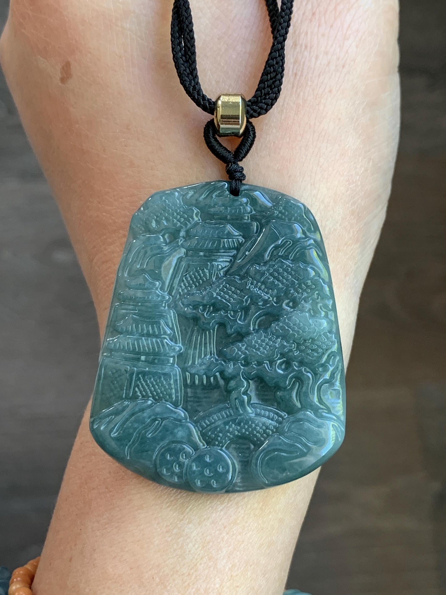 Natural Guatemalan Dark Dusty Teal Blue Jadeite Carved Shan Shui Pai Landscape Tag Pendant Rope Necklace 25” 23g 天然冰危暗蓝绿翡翠山水牌吊坠 SHS522B