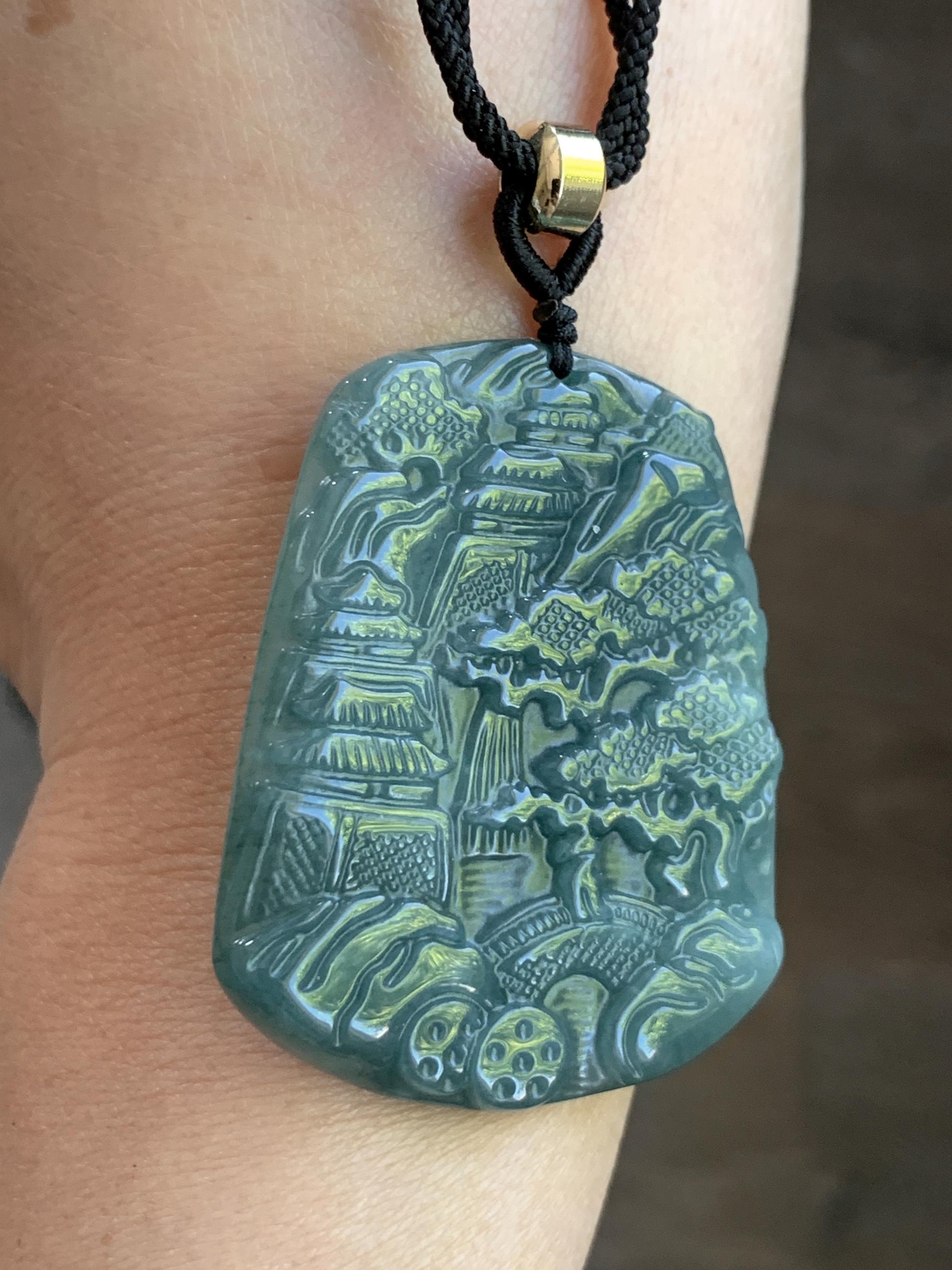 Natural Guatemalan Dark Dusty Teal Blue Jadeite Carved Shan Shui Pai Landscape Tag Pendant Rope Necklace 25” 23g 天然冰危暗蓝绿翡翠山水牌吊坠 SHS522B