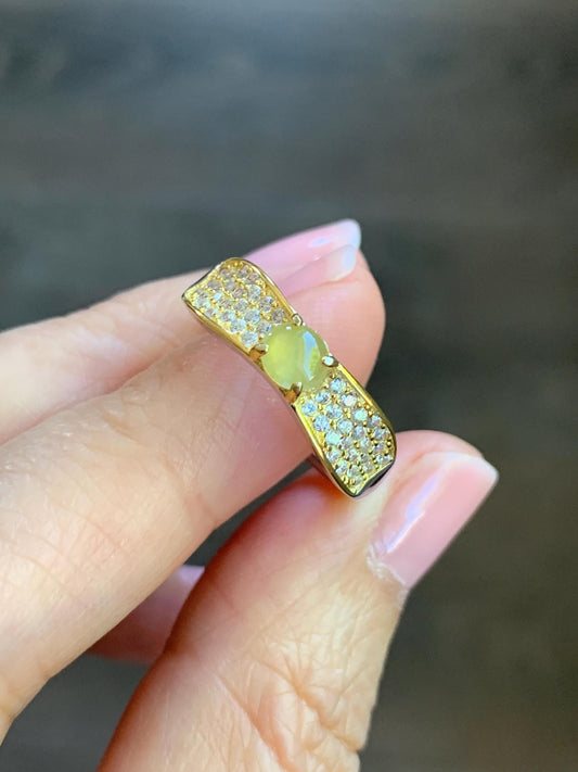 Natural Burmese Icy Highly Translucent Light Yellow Jadeite Ring S925 Sterling Silver 4.4x5mm Size Adjustable 天然缅甸起光冰黄翡翠银镶戒指 MXG66A