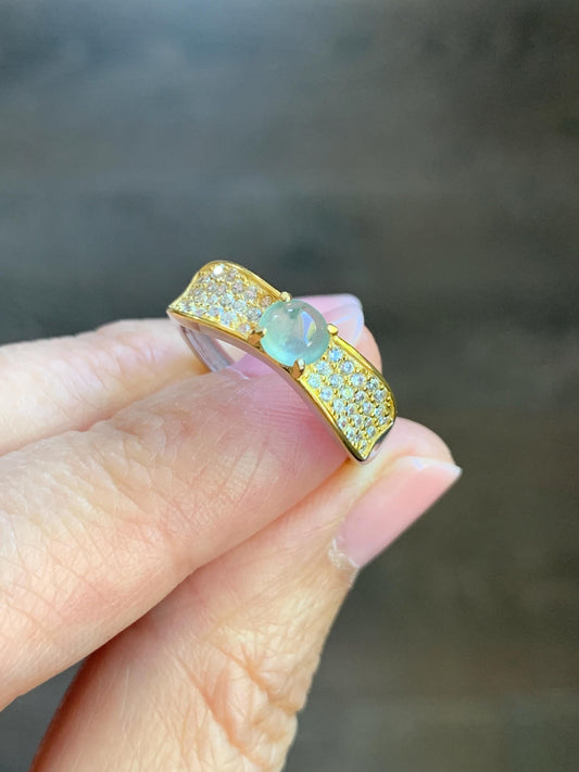 Natural Burmese Icy Highly Translucent Light Green Marbled Jadeite Ring 925 Sterling Silver 4.7x5.1mm Size Adjustable 天然缅甸起光冰晴底翡翠银镶戒指 MXG66B