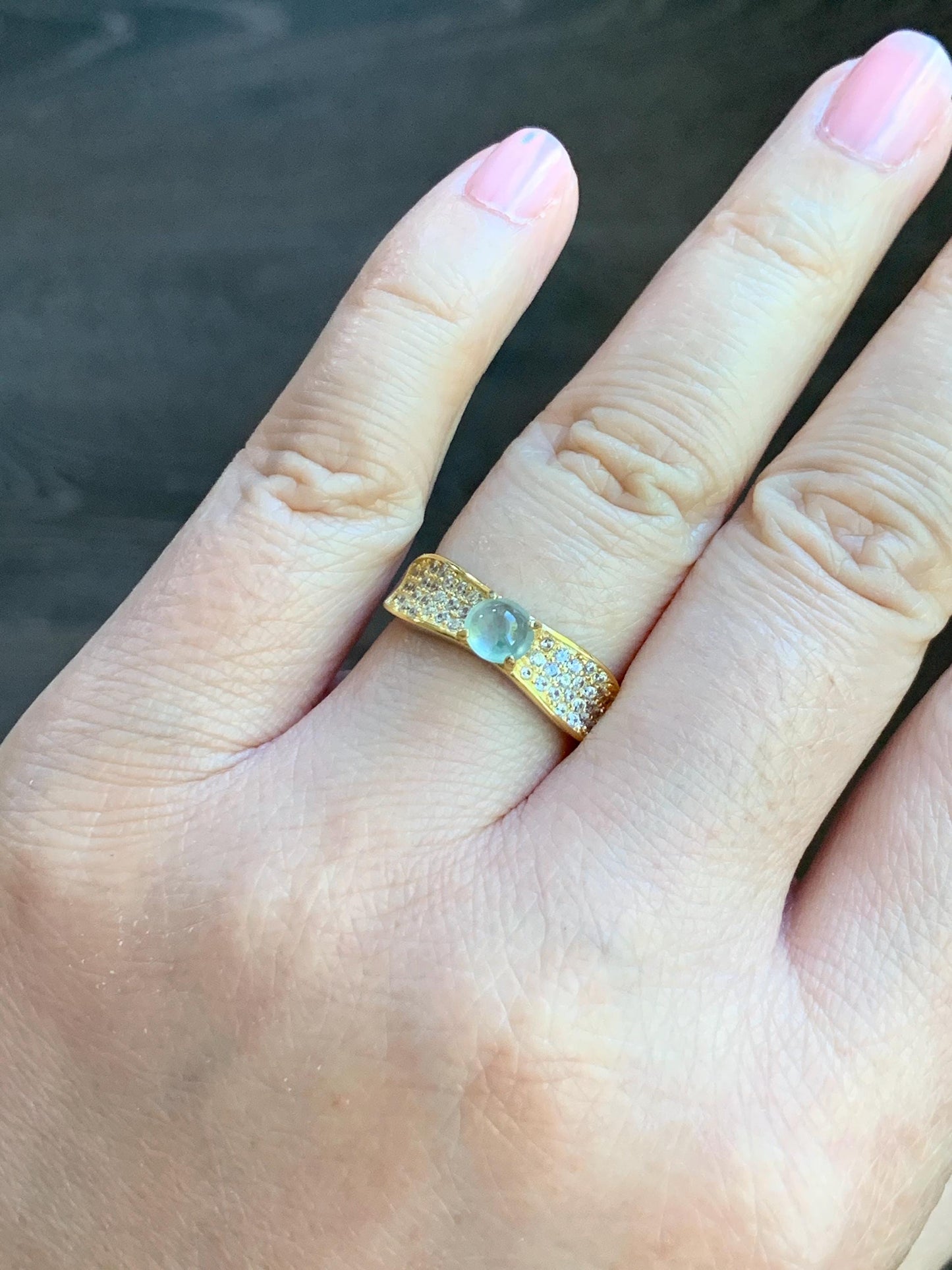 Natural Burmese Icy Highly Translucent Light Green Marbled Jadeite Ring 925 Sterling Silver 4.7x5.1mm Size Adjustable 天然缅甸起光冰晴底翡翠银镶戒指 MXG66B